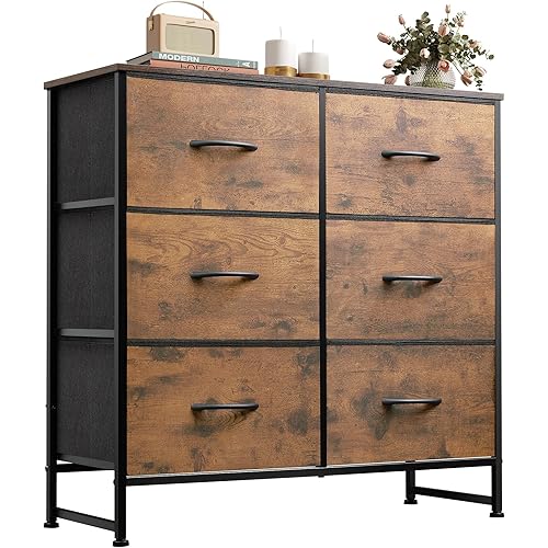 WLIVE Dresser for Bedroom with 6 Drawers, Closet Dresser with Metal Frame, Wooden Top, Fabric Dresser for Closet, Living Room, Hallway, Rustic Brown Wood Grain Print