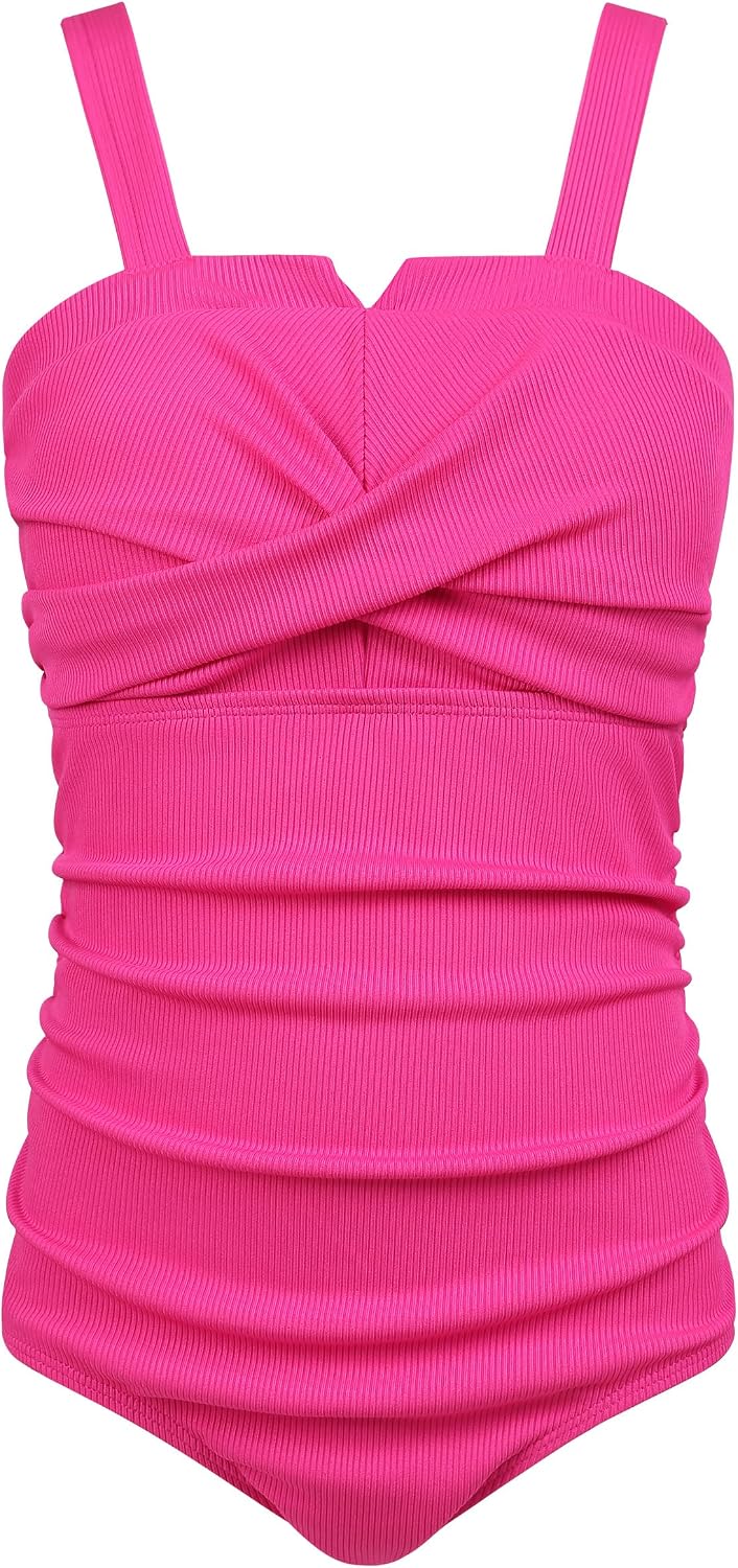 Girls One Piece Swimsuits Ribbed Ruched Bathing Suit for Girls Twist Front Ruched Beachwear 9-16Y