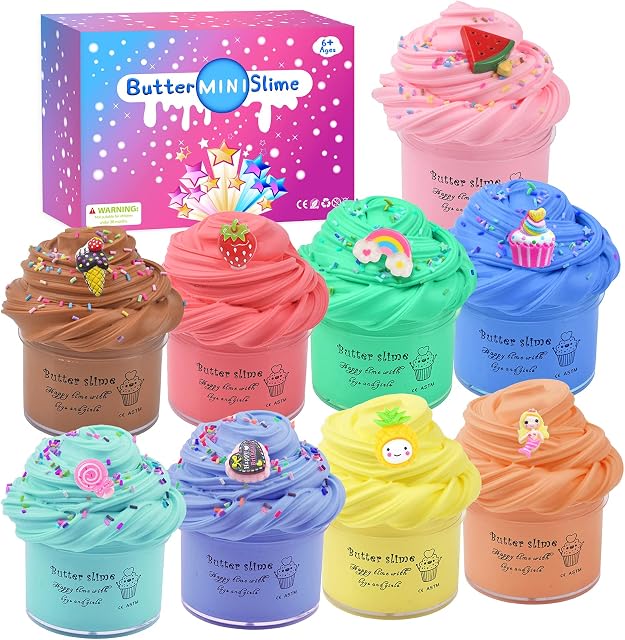 Fluffy Butter Slime Kit 9 Pack, Slime Party Favors with Cute Charms, Bulk Mini Slime Putty Toy for Girls Boys, Soft and Non-Sticky for Tactile Stimulation, Prize, Goodie Packs Stuffers for Kids