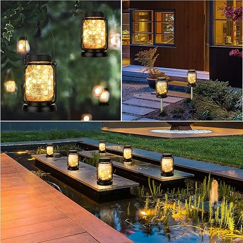 Vista 16 de Mlambert Paquete de 4 luces solares colgantes con estacas, impermeables, decorativas, 30 LED, farol solar para exteriores, patio, jardín, árbol