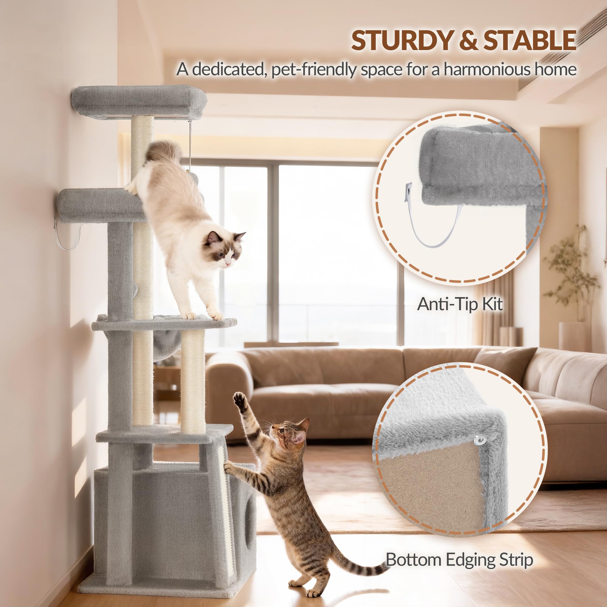 Albero Tiragraffi, Torre per Gatti da 144 cm, Grigio Chiaro | Tiragraffi a Più Livelli con Tavola Tiragraffi, 4 Pali in Sisal, Comoda Cuccia, 2 Trespoli, Cestino, Pompons FPMS010FG1