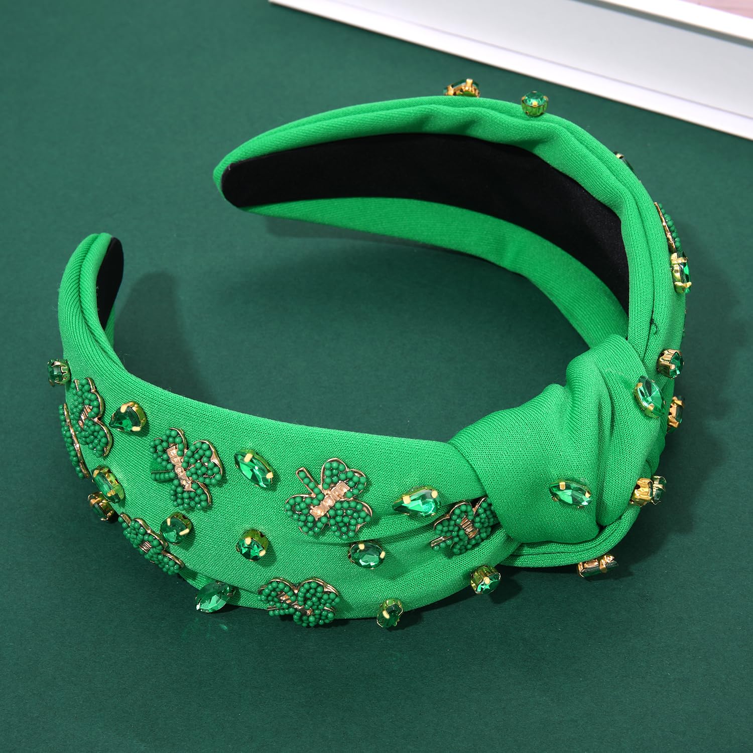 St. Patrick’s Day Headbands for Women Lucky Shamrock Knotted Headband Good Luck Headbands Embellished Rhinestone Wide Top Knot Headband St. Patrick's Day Hair Accessories (Shamrock 3) - Image 5