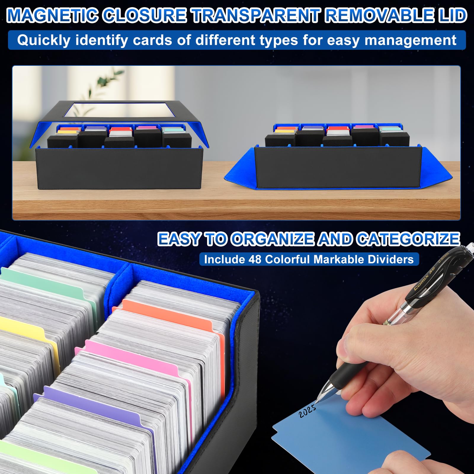 AOBOPLE Deck Box per Carte MTG Capacità di 3900+ Carte,Scatole per Carte Collezionabili con 48 Divisori Colorati e 5 Schiuma per TCG,YuGiOh,MTG,PTCG Car(Nero E Blu)