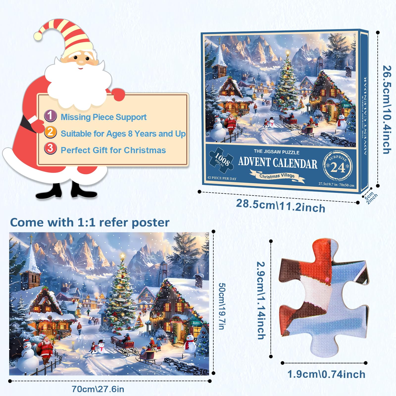 Calendrier De L’Avent Puzzle 1008 Pièces – 24 Coffrets, Thème Village De Noël, Illustration Florine Le Richon