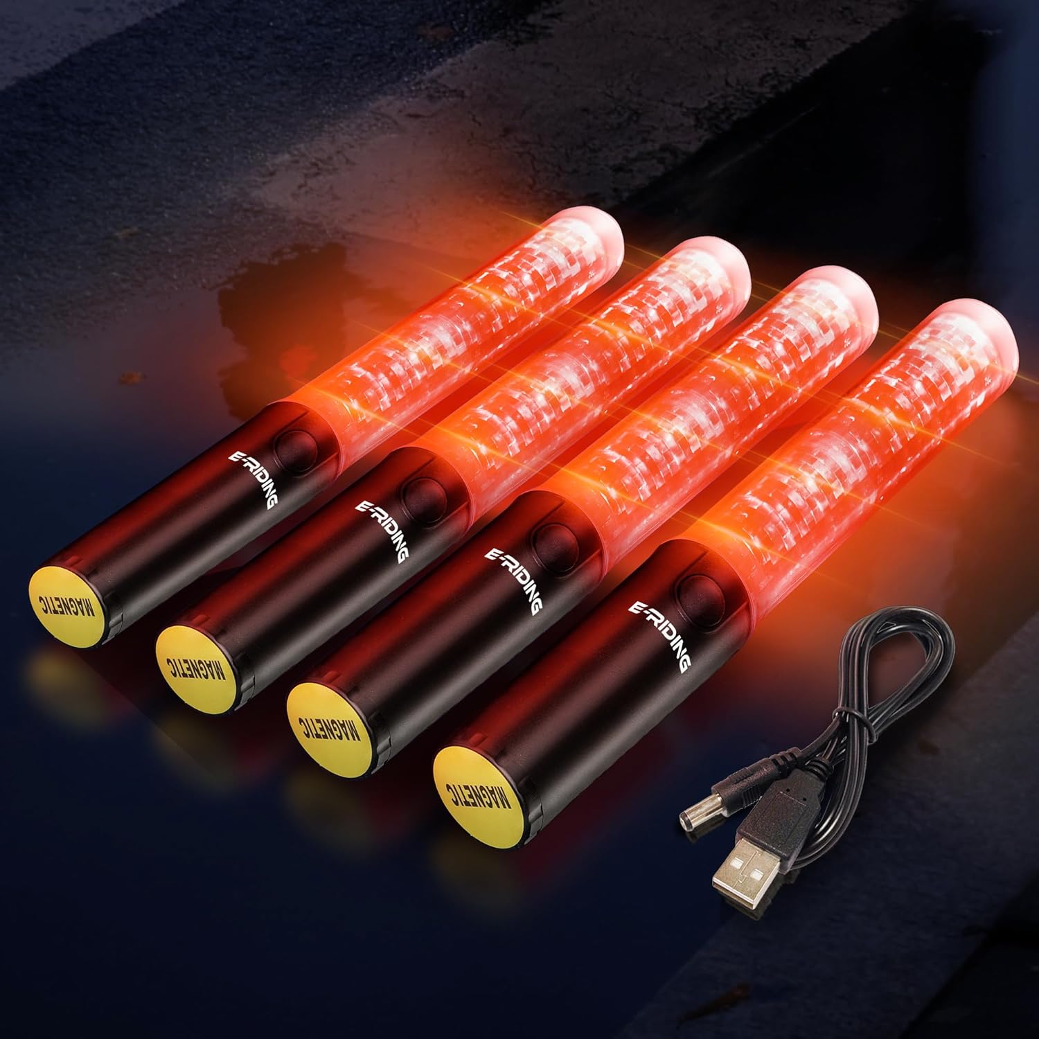 E-riding 4 Pack Rechargeable Traffic Wand, 10 Inch Traffic Control Baton with Magnet, Safety Light Wand with White LED on Top, Air Marshaling Wand with 3 Flashing Modes