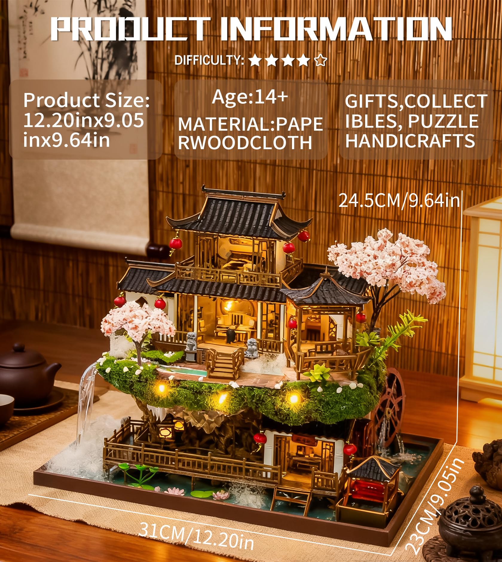 Spilay Fairyland Casa Miniatura DIY in Legno con Luce LED, Kit Casa delle Bambole 3D Puzzle per Adulti, Paesaggio Orientale con Cascata e Giardino Cinese, Decorazione Creativa