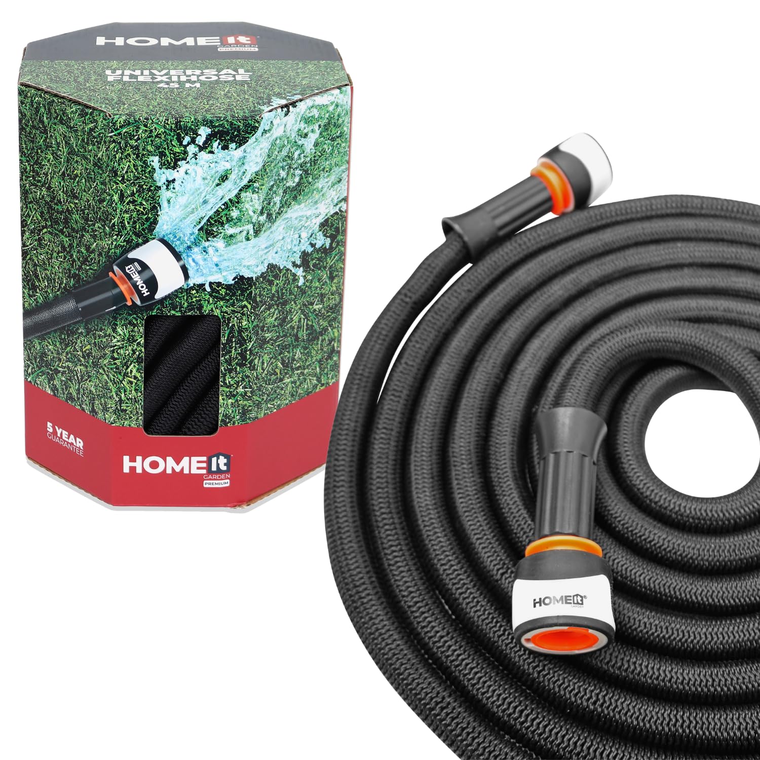 Home It® Gartenschlauch Flexibel 45m | Dehnbarer Flexschlauch mit TPR-Kupplungen | Garten Wasserschlauch mit Hochwertigem Latex im Innenmaterial | Max. 8 Bar Arbeitsdruck