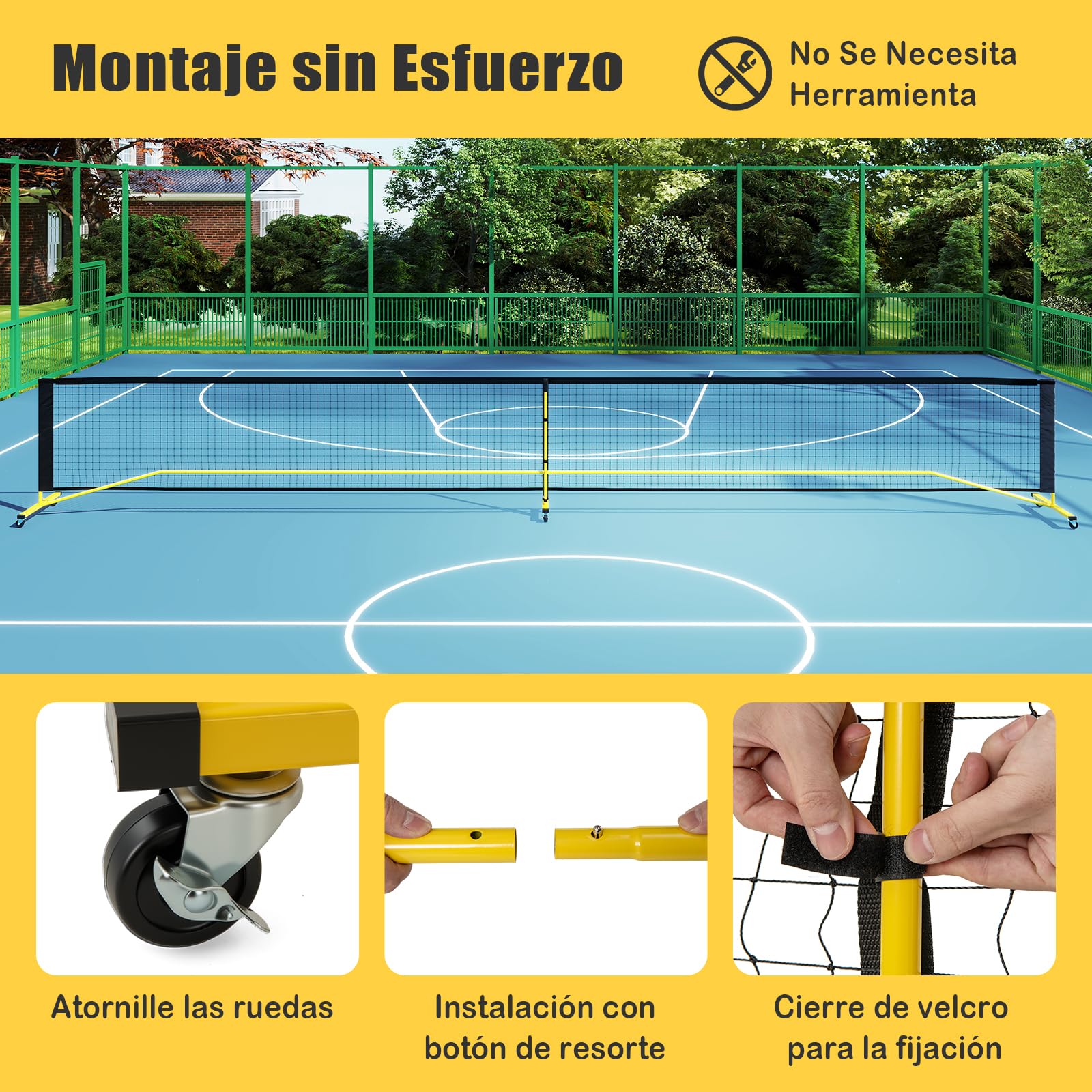 GYMAX Red de Pickleball Portátil 6,75 M, Red de Pickleball Regulatorio con Bolsa de Transporte, Sistema de Red de Pickleball con Red PE sin Nudos de 18 Hilos, Base Metálica para Exterior