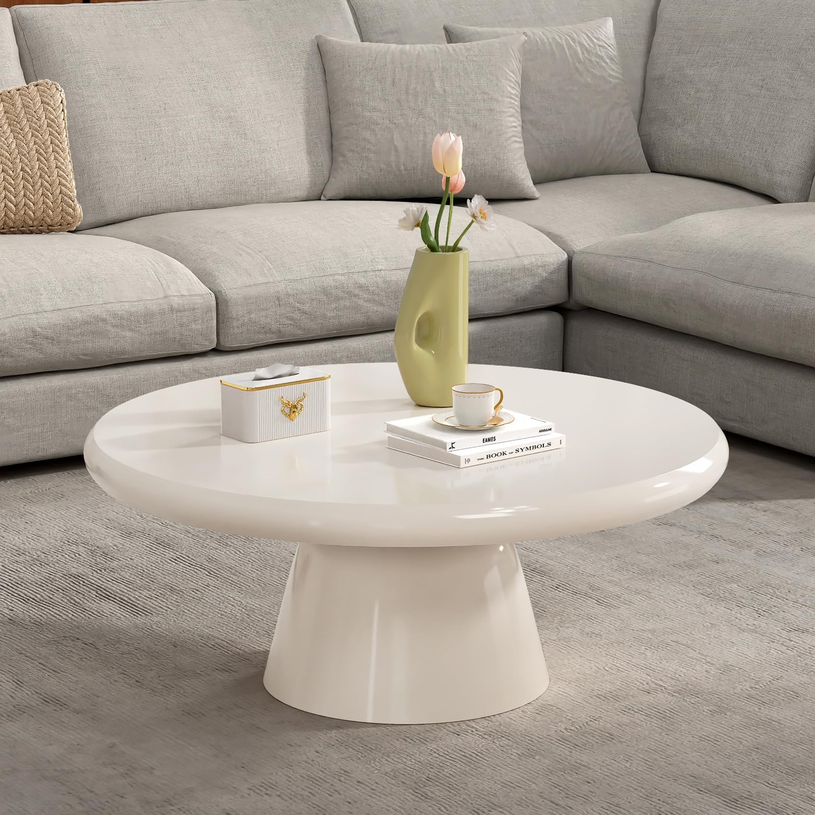 TYONGCOFF Modern White Round Coffee Table, Wood Drum Center Table, Minimalist