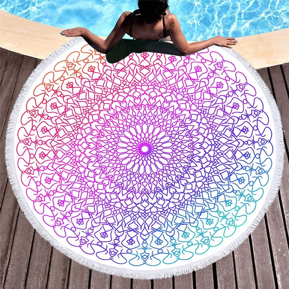 Chickwin-Shop Women's Gradient Chickwin Round Beach Towel With Tassels, 3D Mandala Microfiber Swim Towel Extra Large Quick Dry Compact Sand Free Towel Perfect For Camping, Travel, Swimming (,Diameter 150Cm/59?)