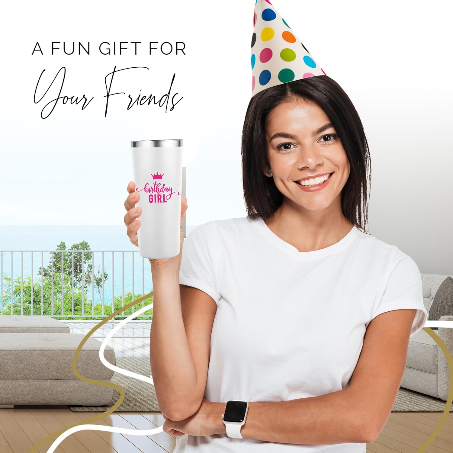 Your Dream Party Shop Birthday Girl Insulated Wine Tumbler - White Stainless Steel Cup for Women’s Celebrations - Birthday Tumbler For Women (22 oz) - Image 7