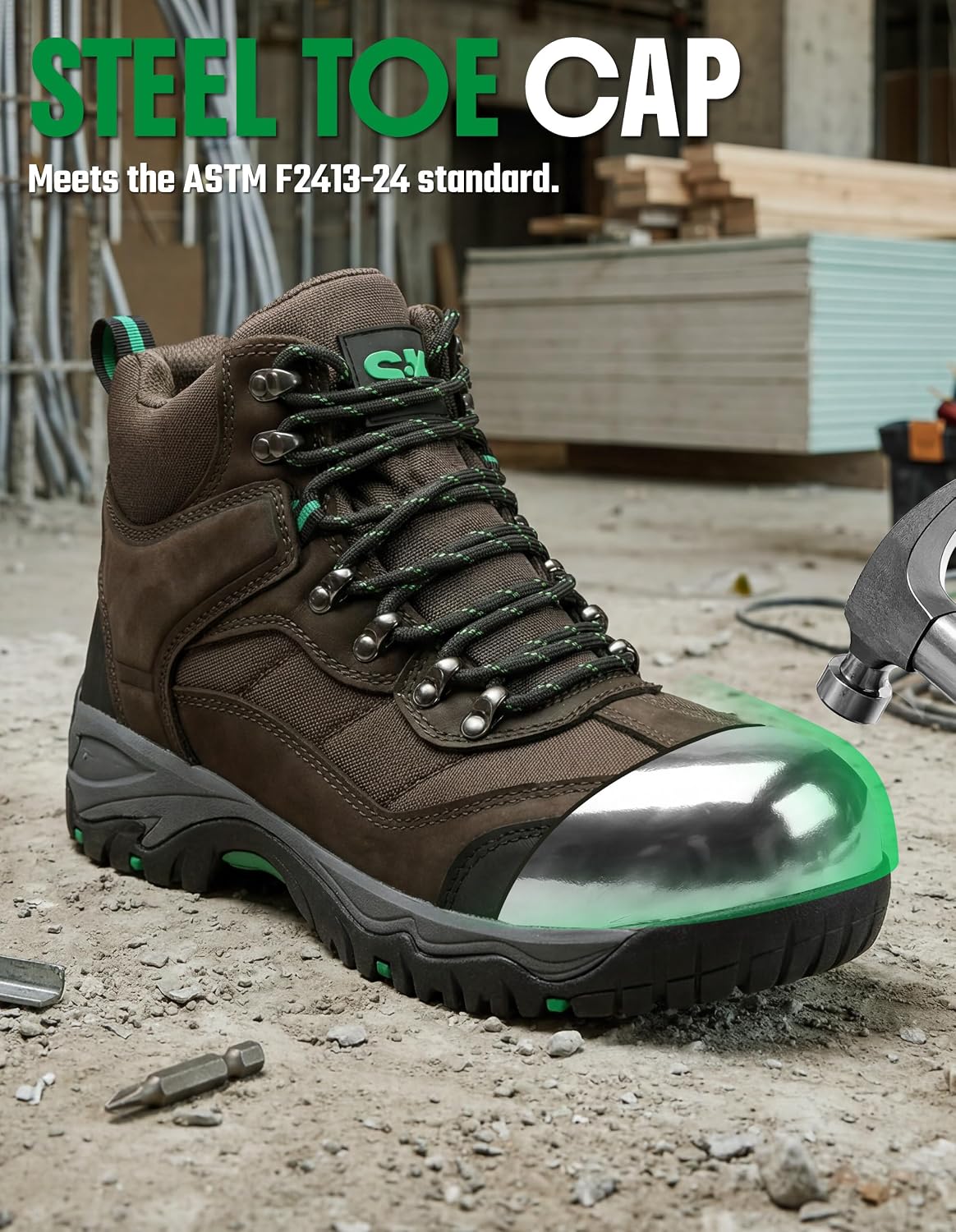 SK Waterproof Steel Toe Boots for Men, Work Boots Puncture Resistant