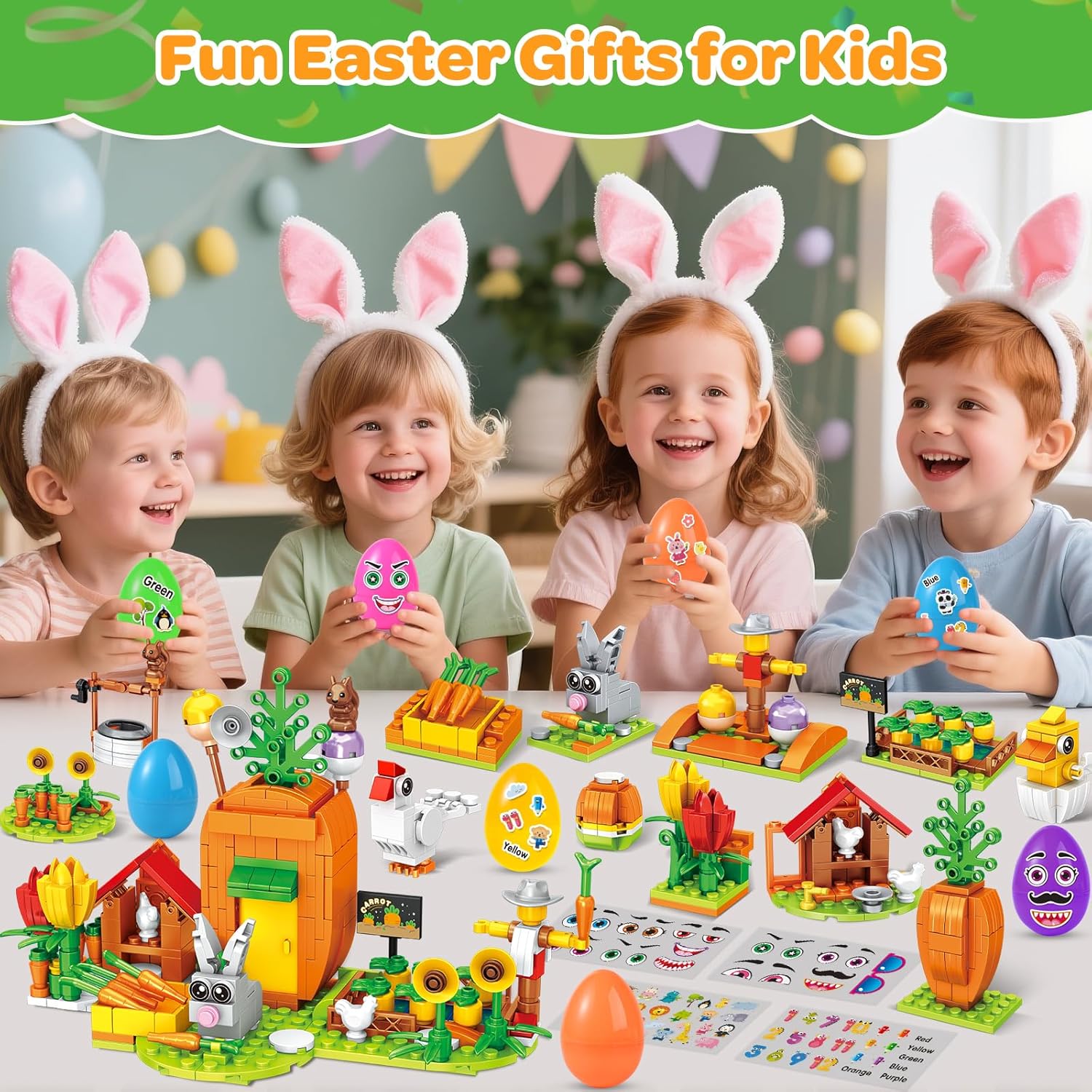 MOONTOY Party Favors for Kids, 12 Prefilled Eggs with 12-in-1 Building Toy & 4 Stickers, Carrot Farm with Bunny Tulips, DIY Birthday Gifts, Goodie Bag Stuffers, Classroom Prizes for Boys Girls Ages 6+