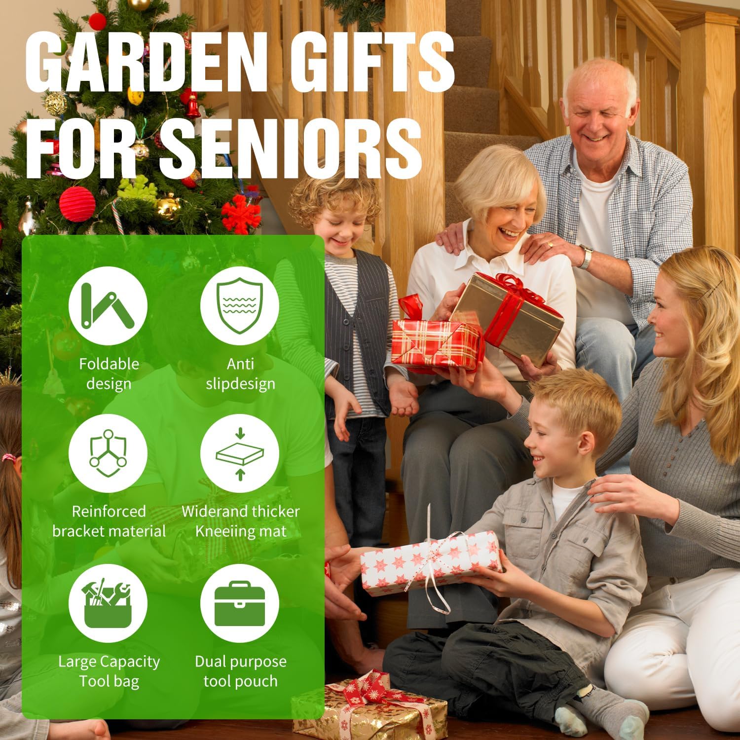 Foldable Garden Kneeler and Seat, 2 in 1 Heavy Duty Garden Stool, Portable Gardening Knee Seat with Pad & Tool Bag, Sturdy Garden Kneeling Bench for Weeding Planting, Supports Up to 400lbs