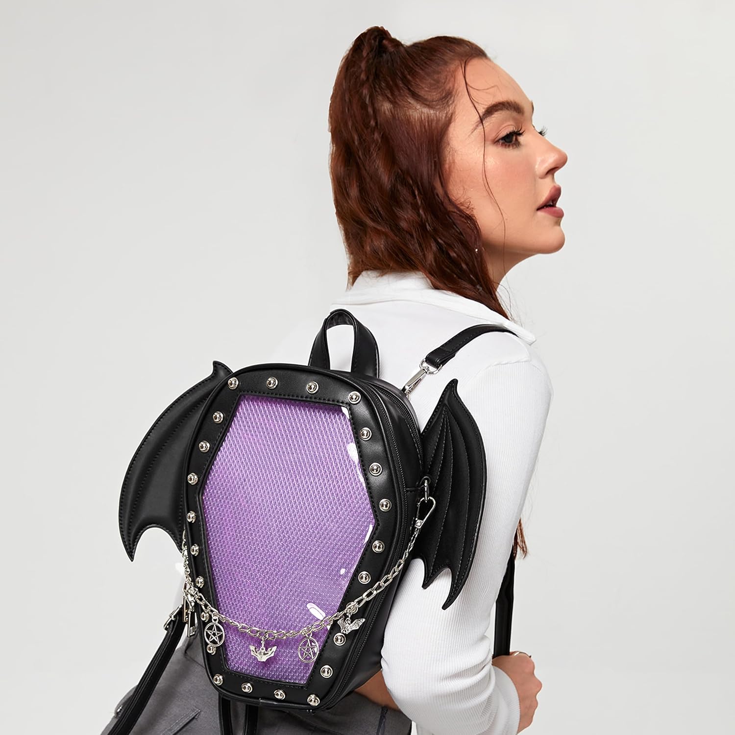 Goth Coffin Backpack with Detachable Bat Wing Halloween Coffin Ita Punk Shoulder Bag for Enamel Pins Display - Image 7