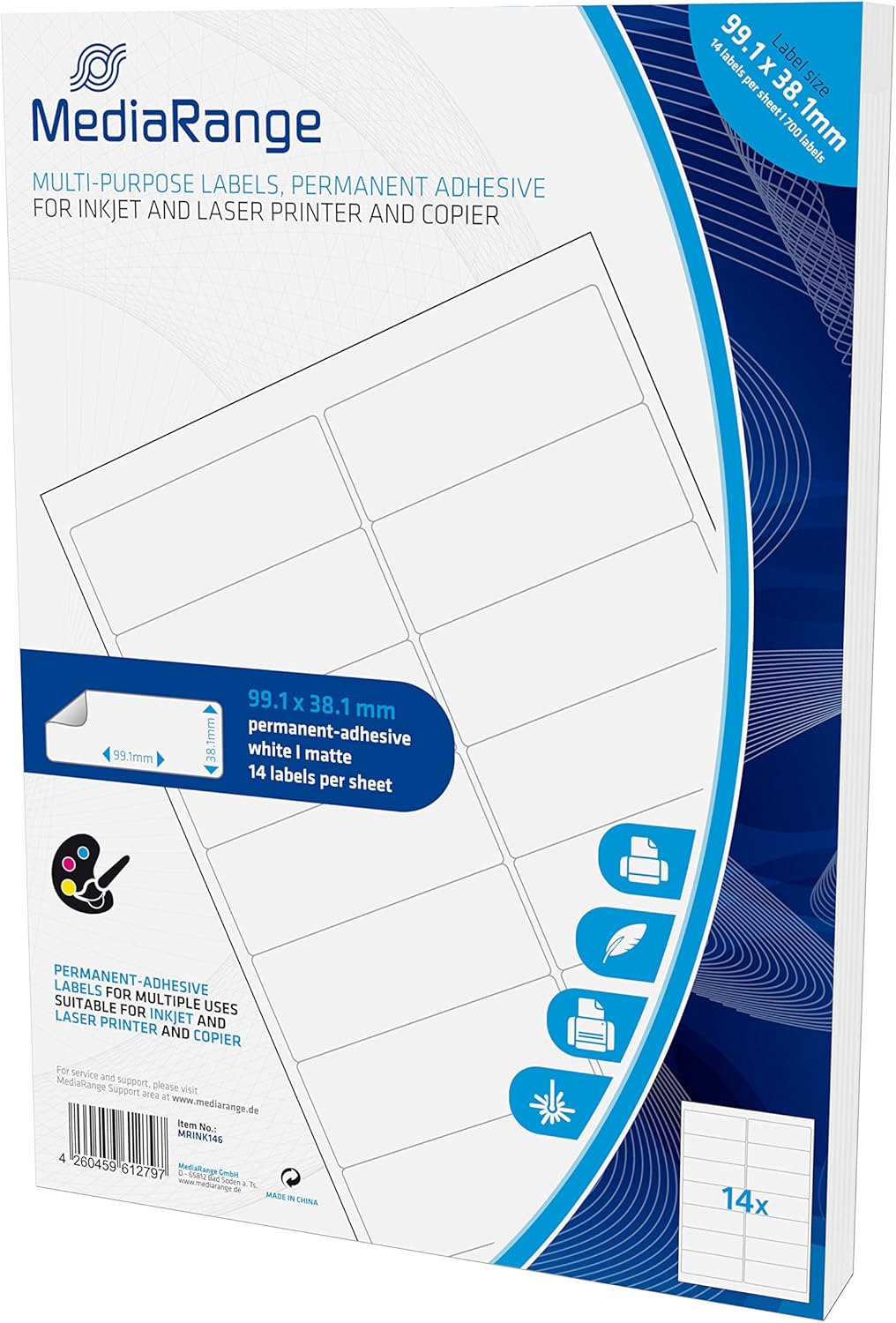 MediaRange MRINK146 Labels 99.1x38.1mm White 700 Pieces Universal Strong Adhesion, 99.1 x 38.1