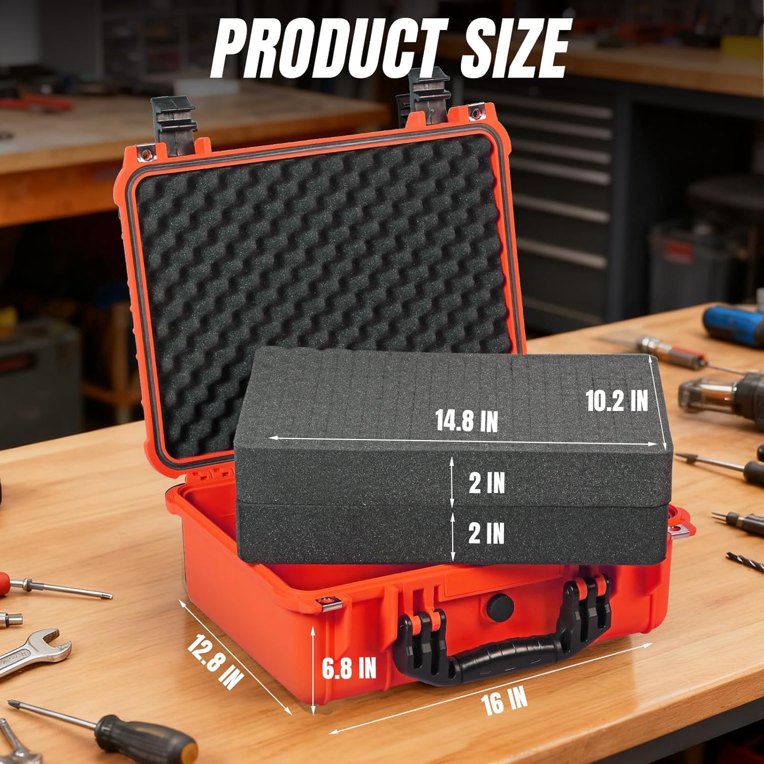 16x 12.8x 6.8 Inch Hard Case, Portable Weather Waterproof Protective Camera Case with Customizable Foam, Fit Use of Drones, Camera, Equipments, Orange - Image 2