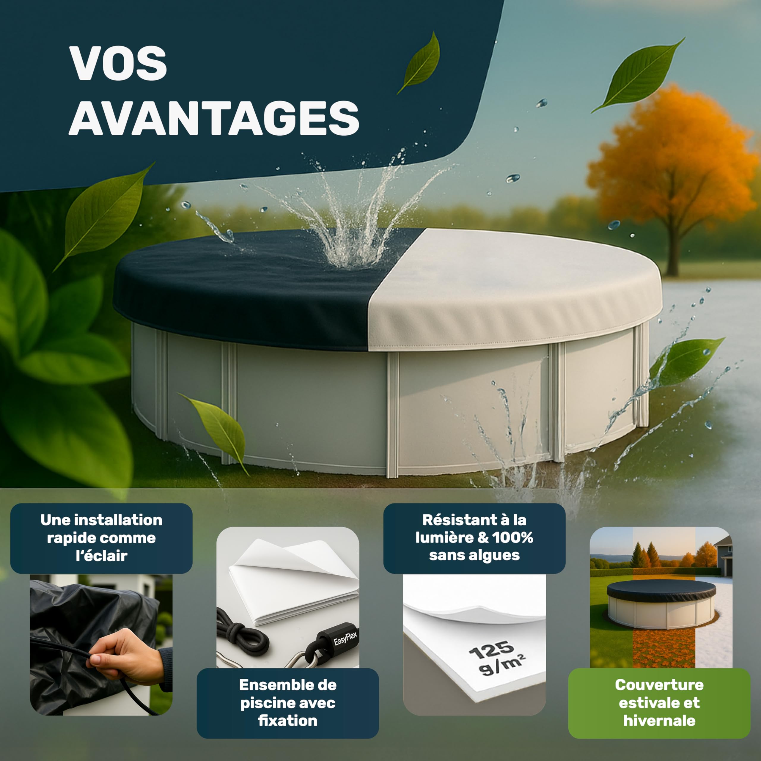 Bâche de Piscine en Film d'ensilage Premium 6x6m pour piscines Ø 420–520 cm | Fermeture EasyFlex®, Couverture opaque anti-algues, Bâche d'hiver & d'été, Résistante aux déchirures