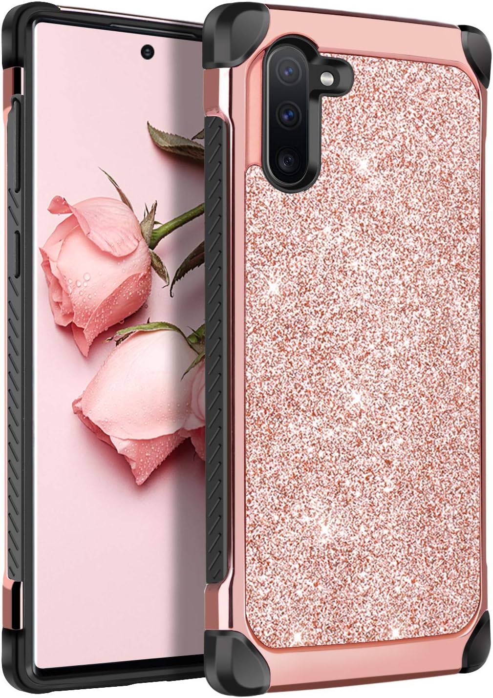 BENTOBEN Galaxy Note 10 Case, Glitter Bling Slim Hybrid Faux Leather Hard Cover Soft Rubber Bumper Girls Women Rugged Shockproof Protective Phone Case Cover for Samsung Galaxy Note10 (2019), Rose Gold