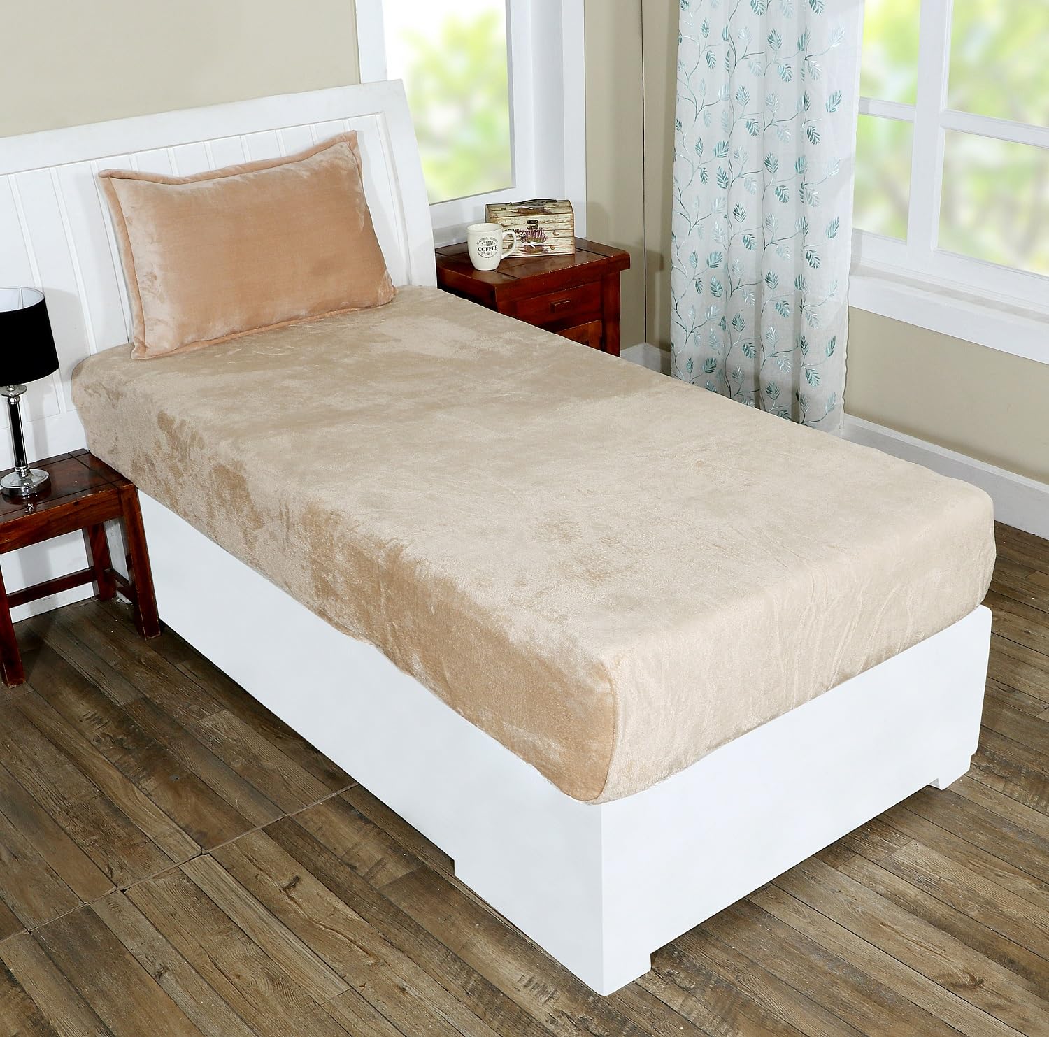 RD TREND 250 GSM Flannel Elastic Warm bedsheets for Winter Single Fitted Size (72x48x8 Inches) with 1 Pillow Cover Size (18x28 Inches) Color- Gold, Solid-picture-13