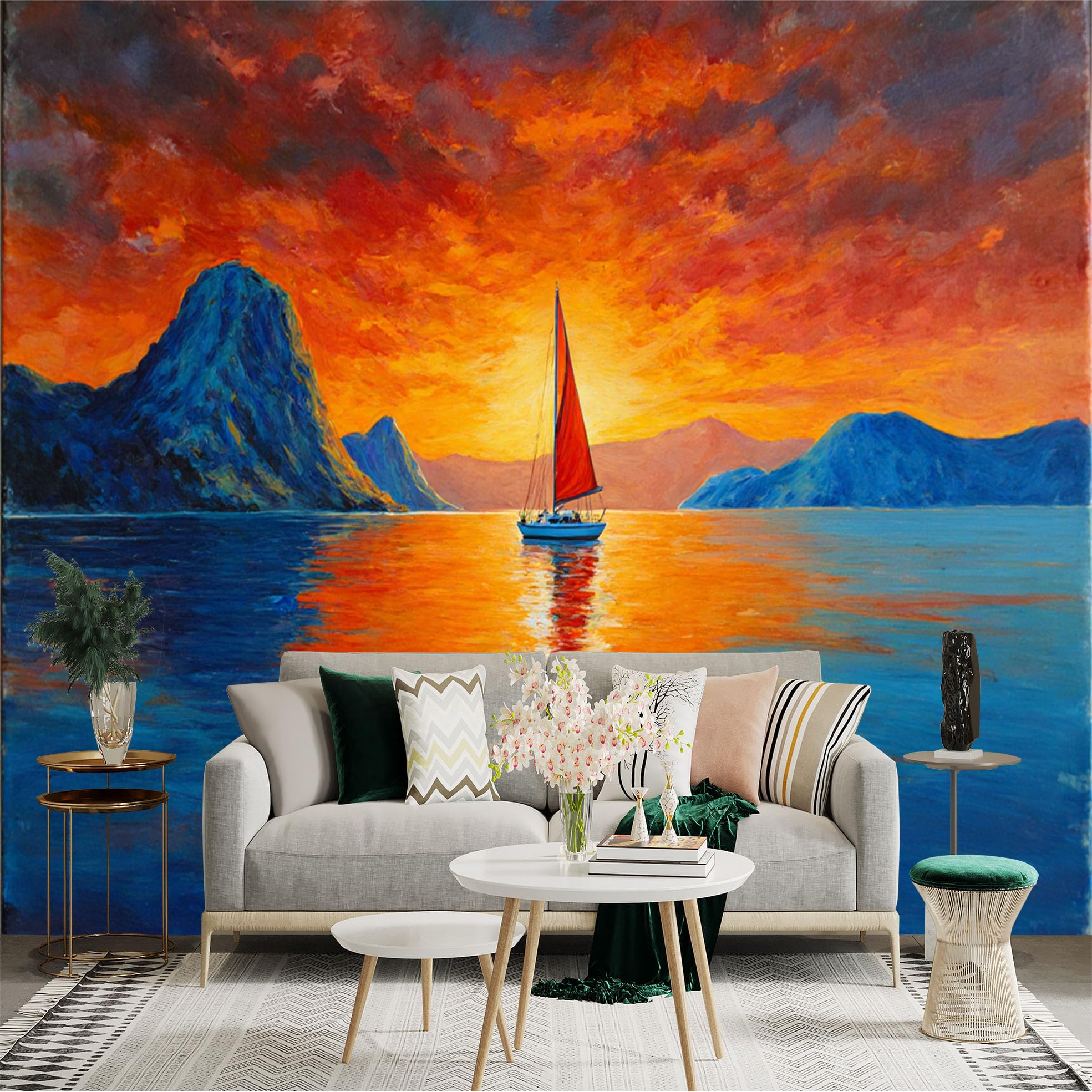 Custom Size Wall Sticker Mural， Sailboat at Sunset， Vibrant Orange Sky， Calm Blue Sea， Mountain Scenery， for wall Decoration， peelandstick wall Decals.