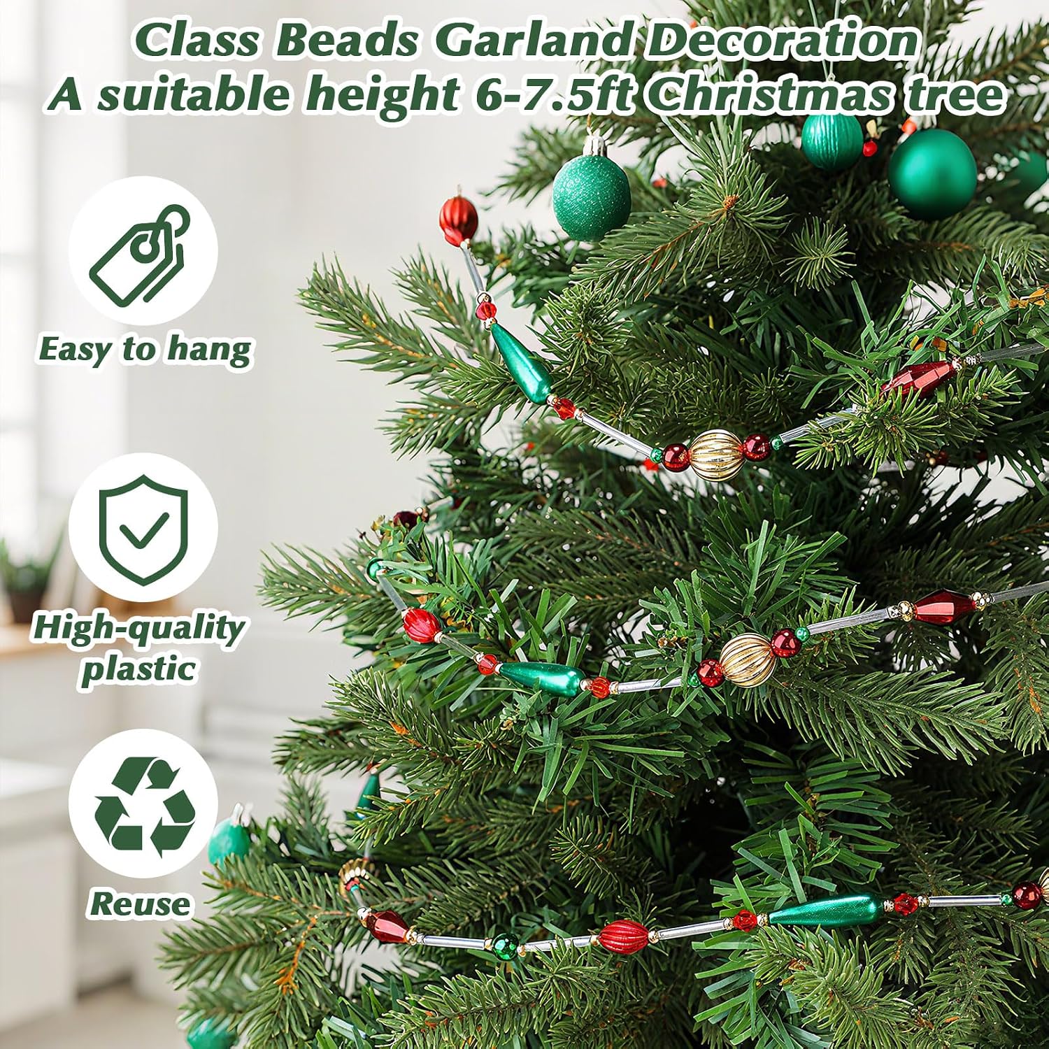 24 Feet Exquisite Christmas Tree Decor Acrylic Beads Xmas Tree Garland Multicolor Glitter Hanging Bead Decorations Garland for Trees Indoor Outdoor Home Decor Use(Christmas Classics)