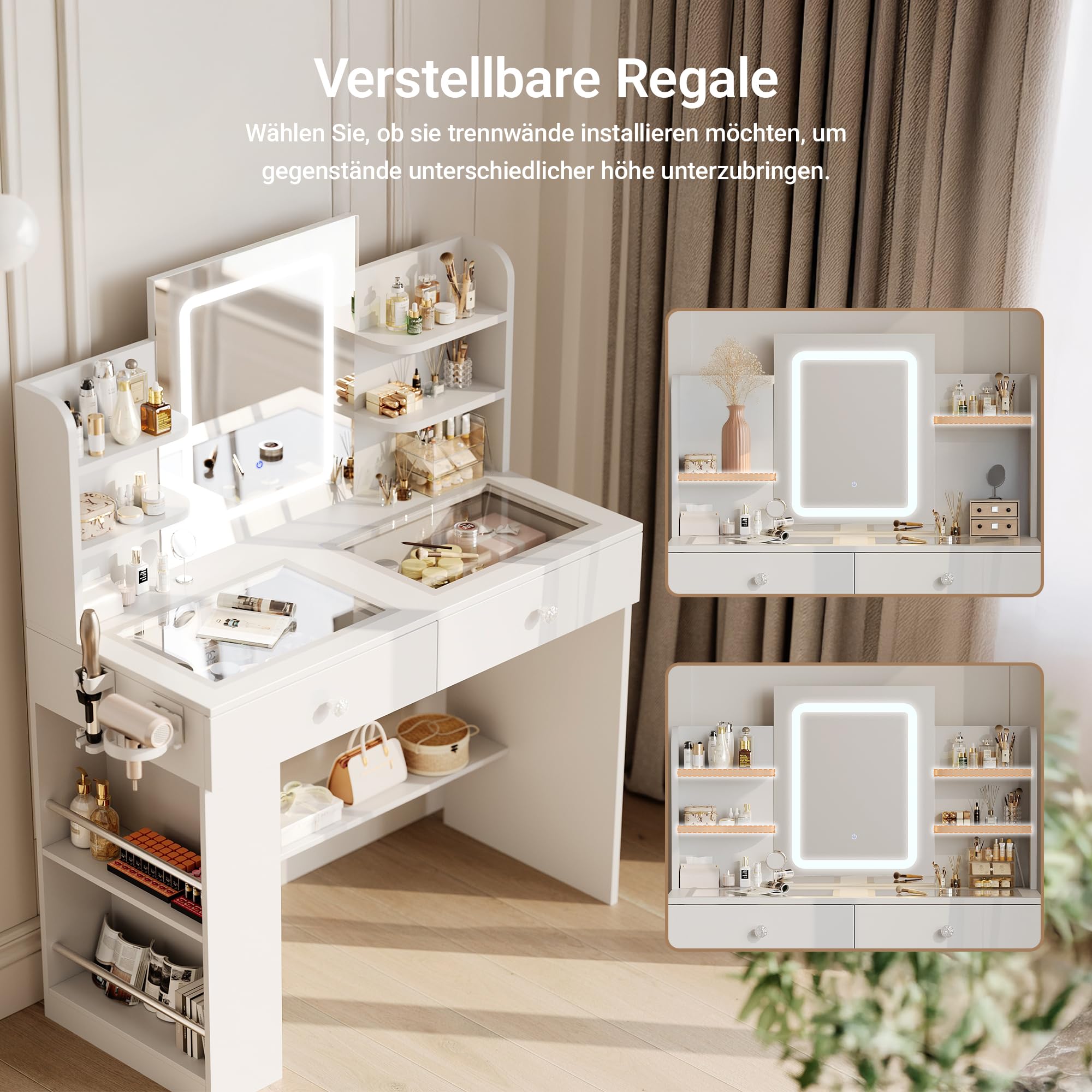 Claiks Hocker Schminktisch mit Stauraum, Schminkhocker Leinen, Sitzhocker gepolstert, Make-up Hocker für Schminktisch, Ankleidezimmer, Schlafzimmer, Weiß