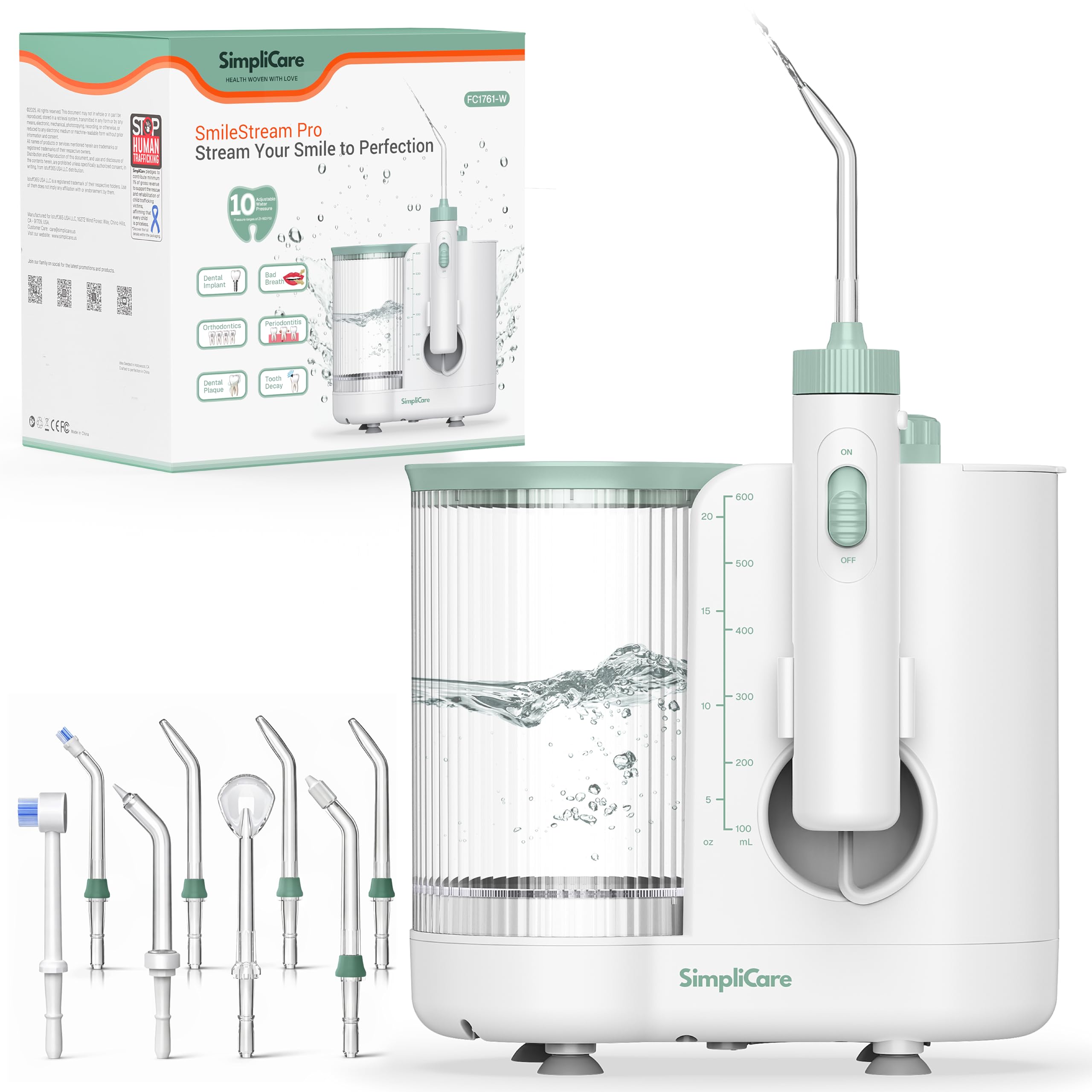 Pro Countertop irygator do jamy ustnej, irygator dentystyczny | 10 poziomów ciśnienia, 21-160 PSI, duży zbiornik 575 g, kompletny system 8-końcówek do aparatów ortodontycznych, implantów i