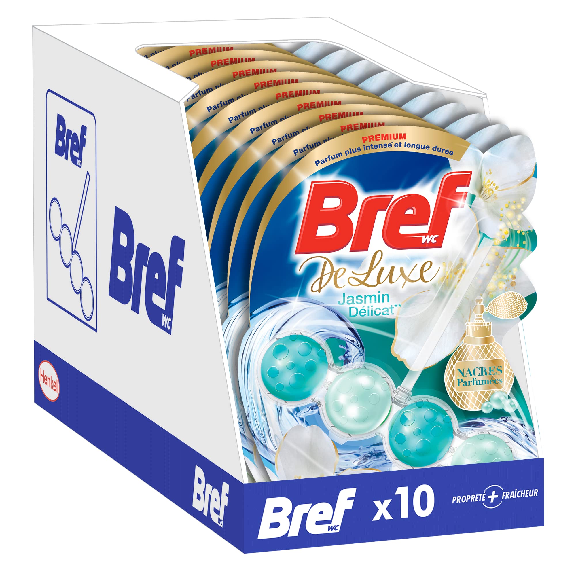 Bref Deluxe Jasmin Delicat – 10 bloków WC (10 x 50 g) – środek do czyszczenia toalety – perfumy WC – formuła zapobiegająca osadzaniu się kamienia