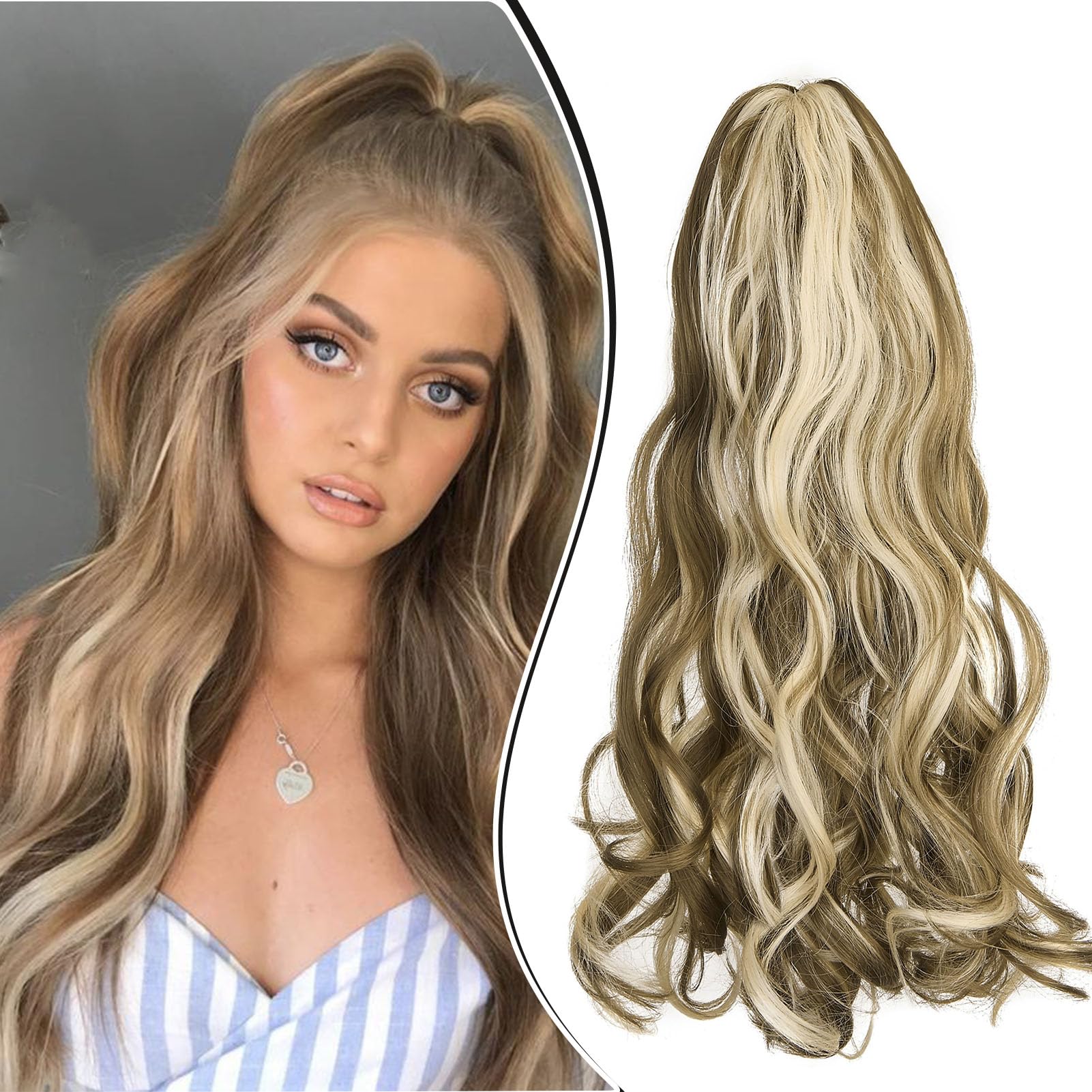 Dcbaboo 18inch Claw Clip in Ponytail Hair Extensions Long Wavy Ponytail Extension Curly Synthetic Pony tails Natural Wave One Piece Hairpiece Fake Ponytail for Women Golden Brown/Bleach Blonde