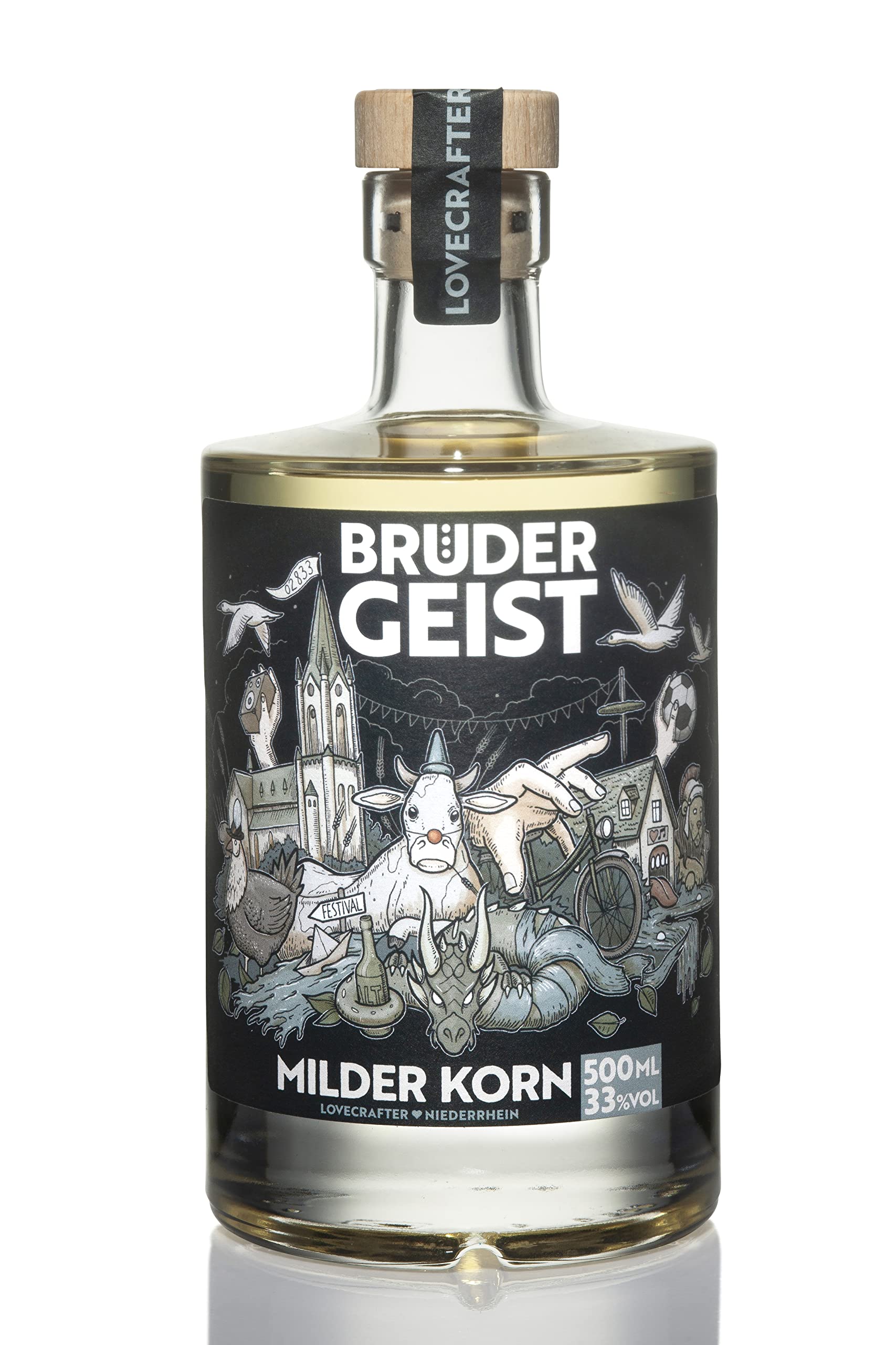 Brüdergeist Milder Korn | Fassgelagerter Weizenkorn | mind. 6 Monate in Limousin-Eiche gelagert | Extra Mild | Ausgezeichnete Premiumspirituose | Flasche=Unikat | Vom Niederrhein | 33% Vol. | 500ml