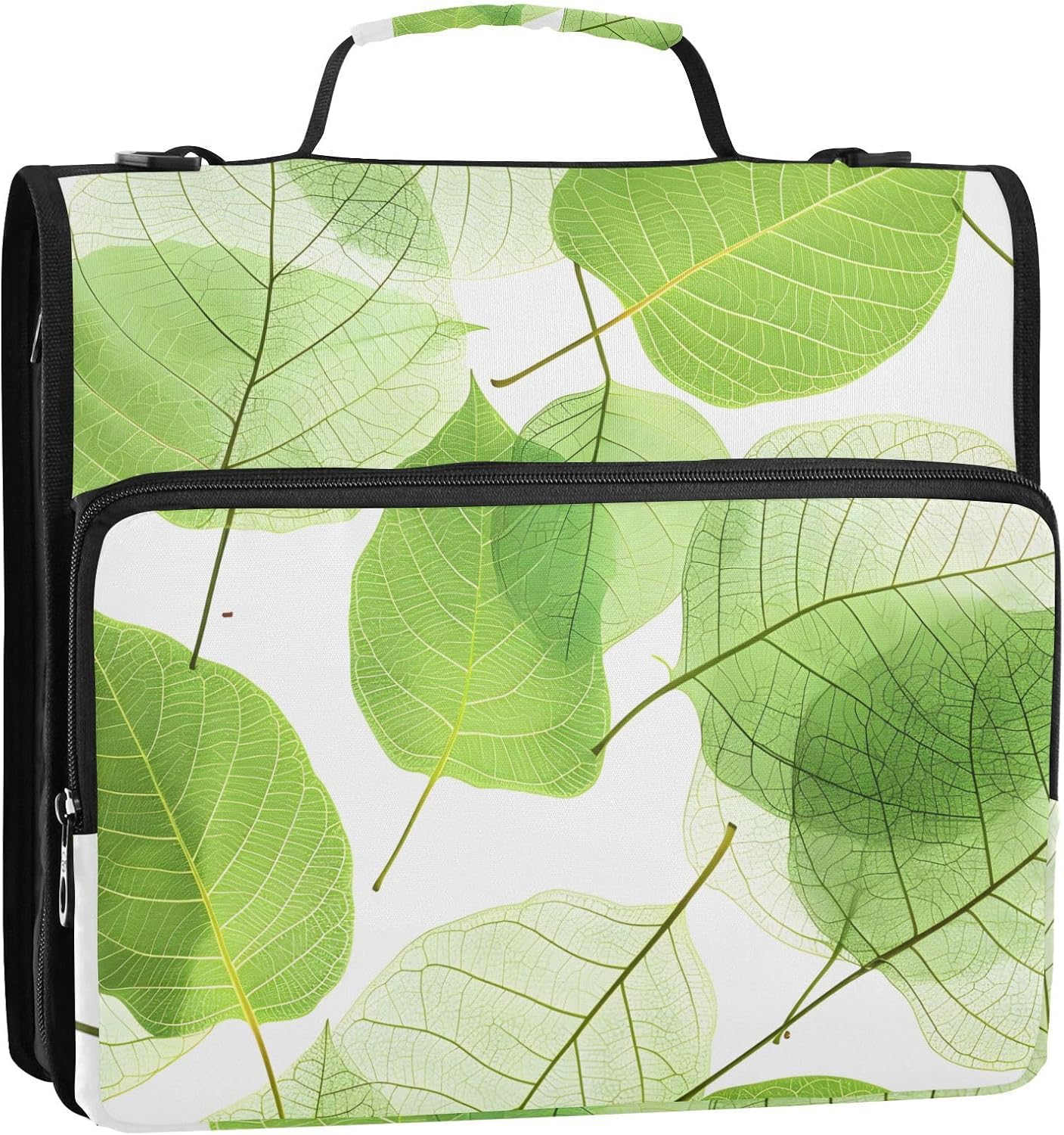 3 D-Ring Zipper Binder Bag, Transparent Green Leaves Pattern Removable Binder with Zipper Case Hold 300+ Sheets& 13 Inch Laptop for Office Supplies School Organizer