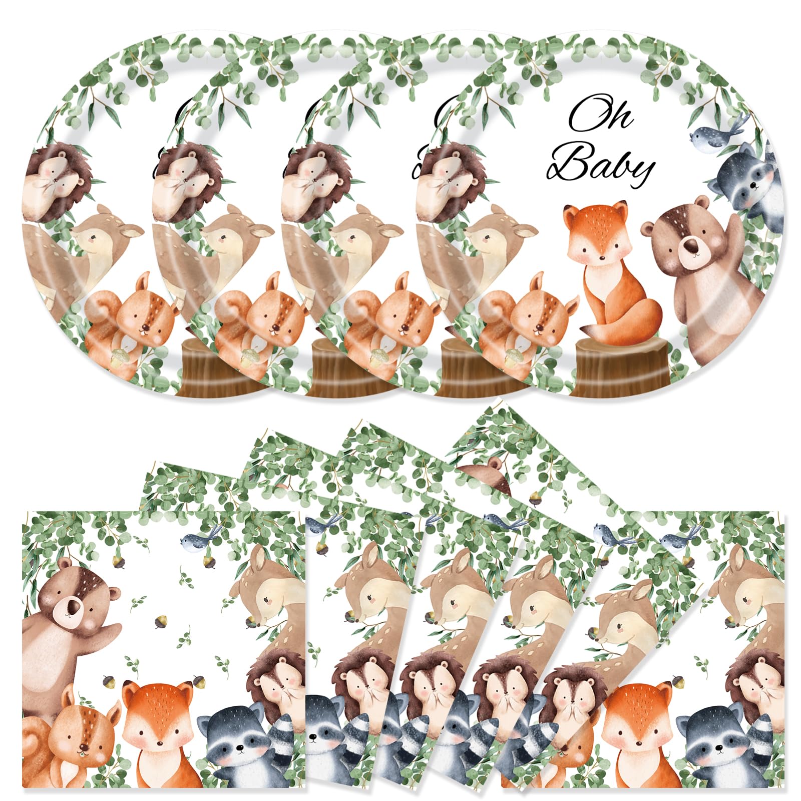 40Pcs Woodland Baby Shower Plates and Napkins Party Supplies, 9 Inch Nature Sage Paper Plates and Napkins Disposable Tableware Set for Boys Girls