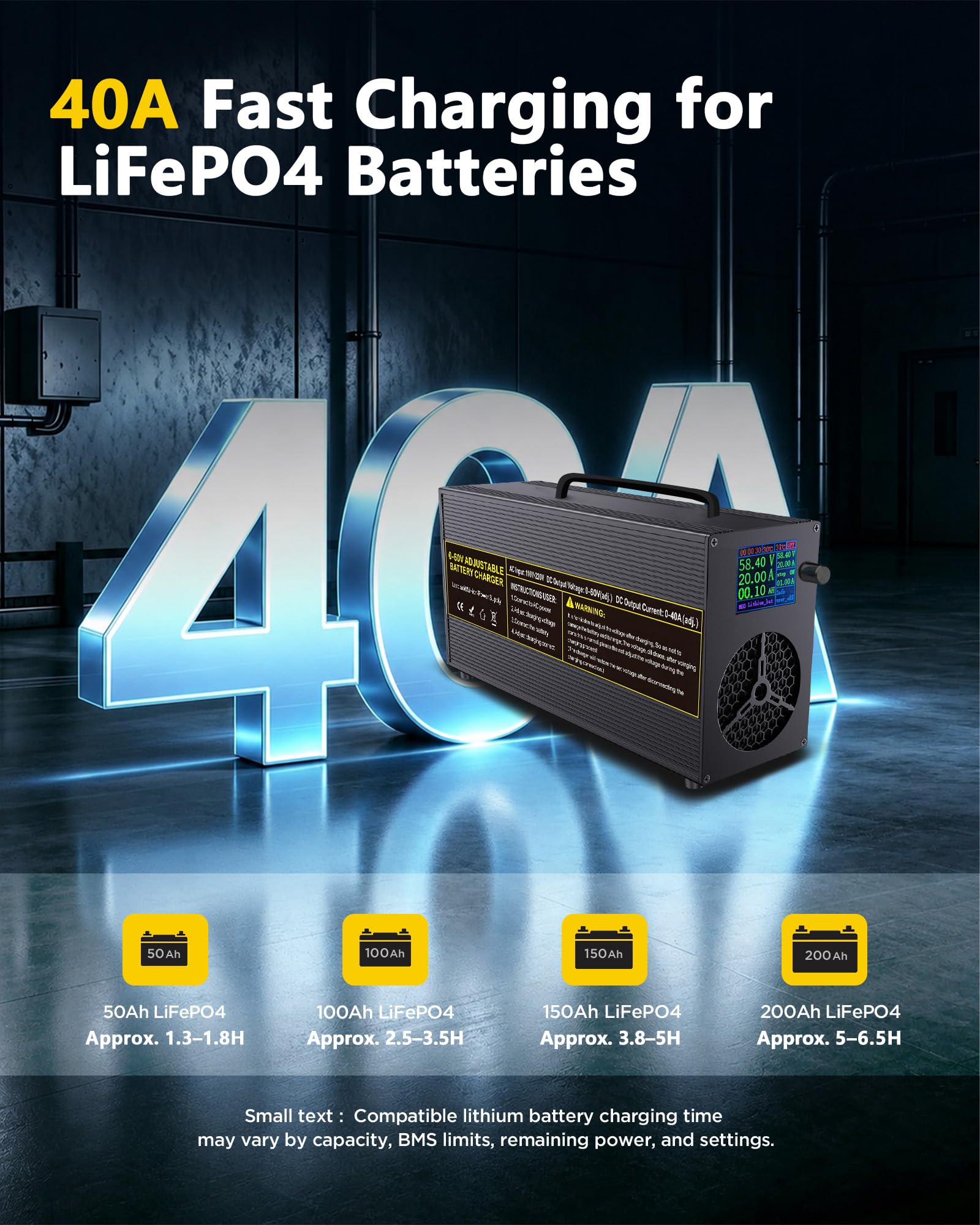 Caricabatterie LiFePO4 regolabile 0-60V 0-40A con maniglia anche per batterie al piombo e al litio – Caricabatterie universale intelligente con display colori, connettore Anderson e pinze coccodrillo