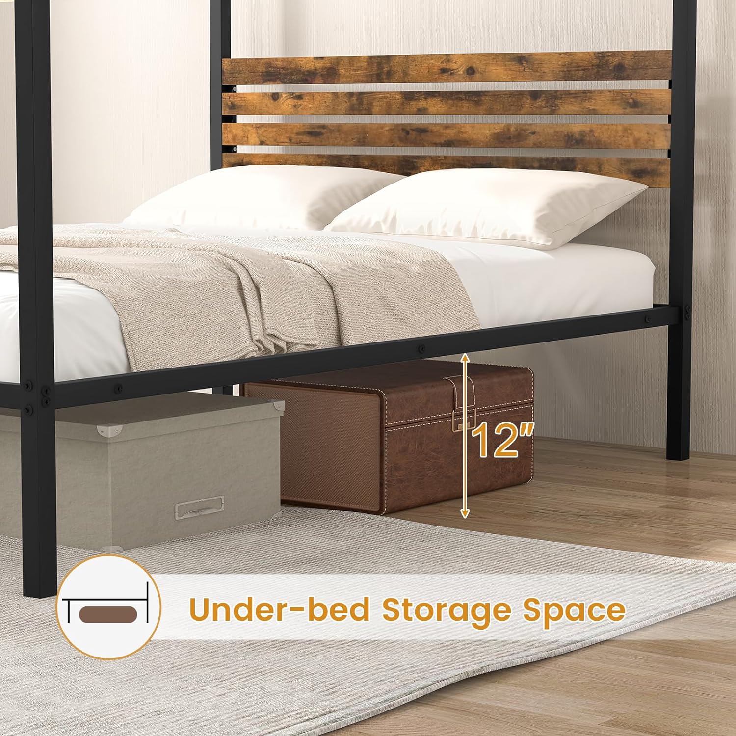 Diagram showing the dimensions of the Giantex Full Size Metal Canopy Bed Frame: 78 inches length, 56 inches width, 75 inches height, 37 inches headboard height, and 12 inches under-bed clearance. Weight capacity is 1000 lbs.