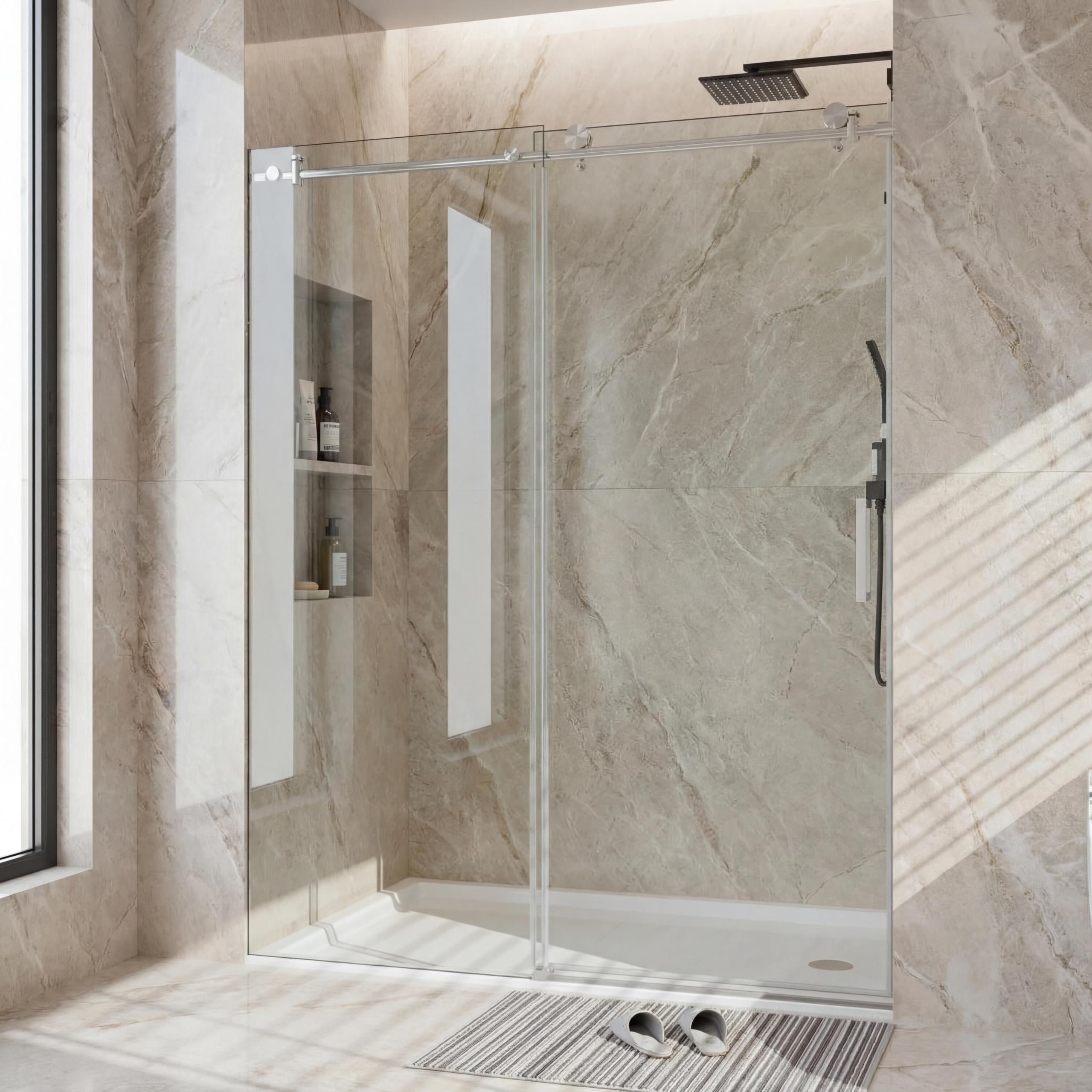 GarveeTech 56-60" W x 76" H Frameless Sliding Shower Door，5/16" Thick Tempered Clear Glass with Explosion-Proof Film,Easy-to-Clean Coating,Handle and Seal Strip, Silver