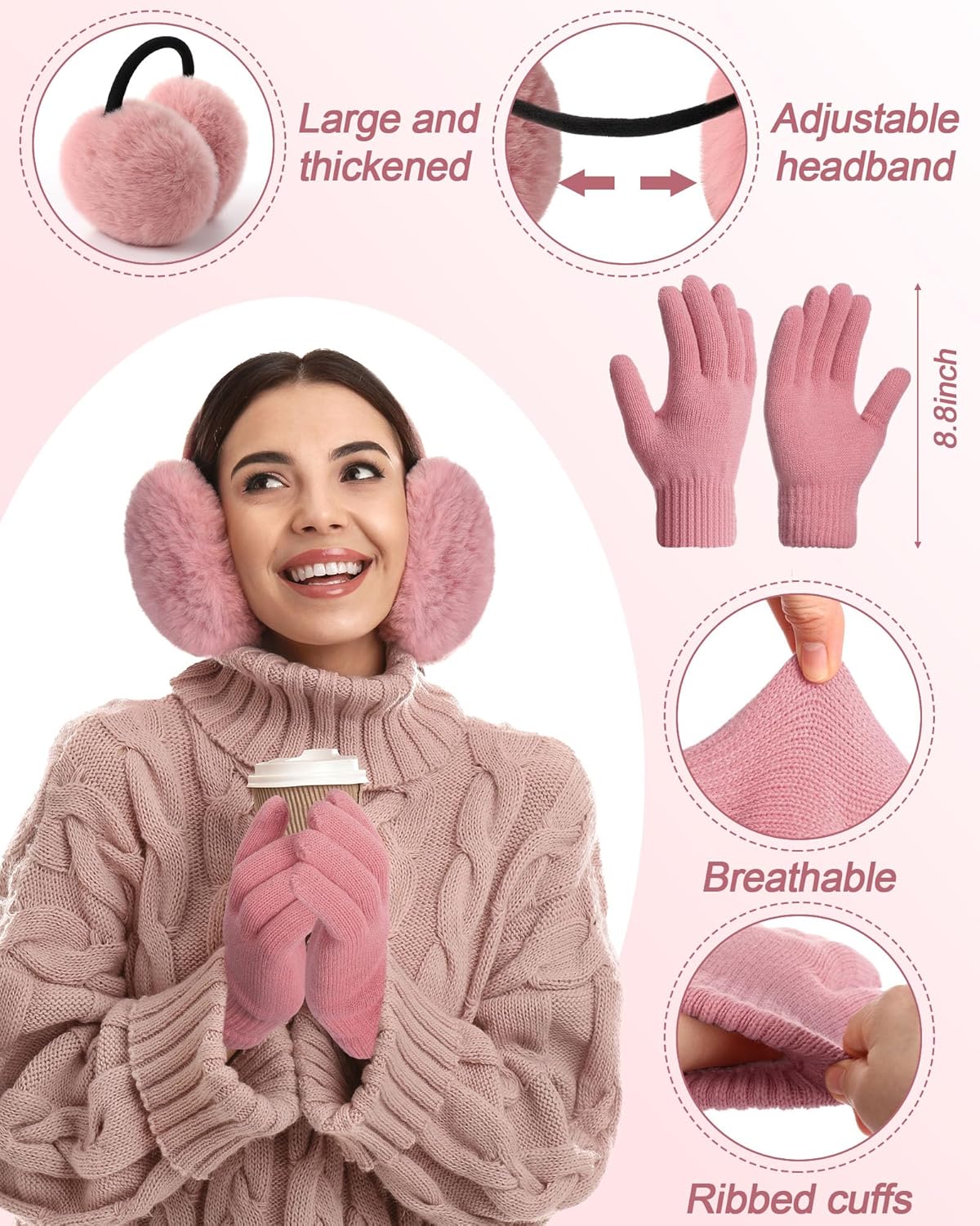 4 Pcs Winter Beanie Hat Scarf Gloves Set Knit Fleece Lined Gloves Ear Muff Knit Hat Long Scarf for Men and Women - Image 4