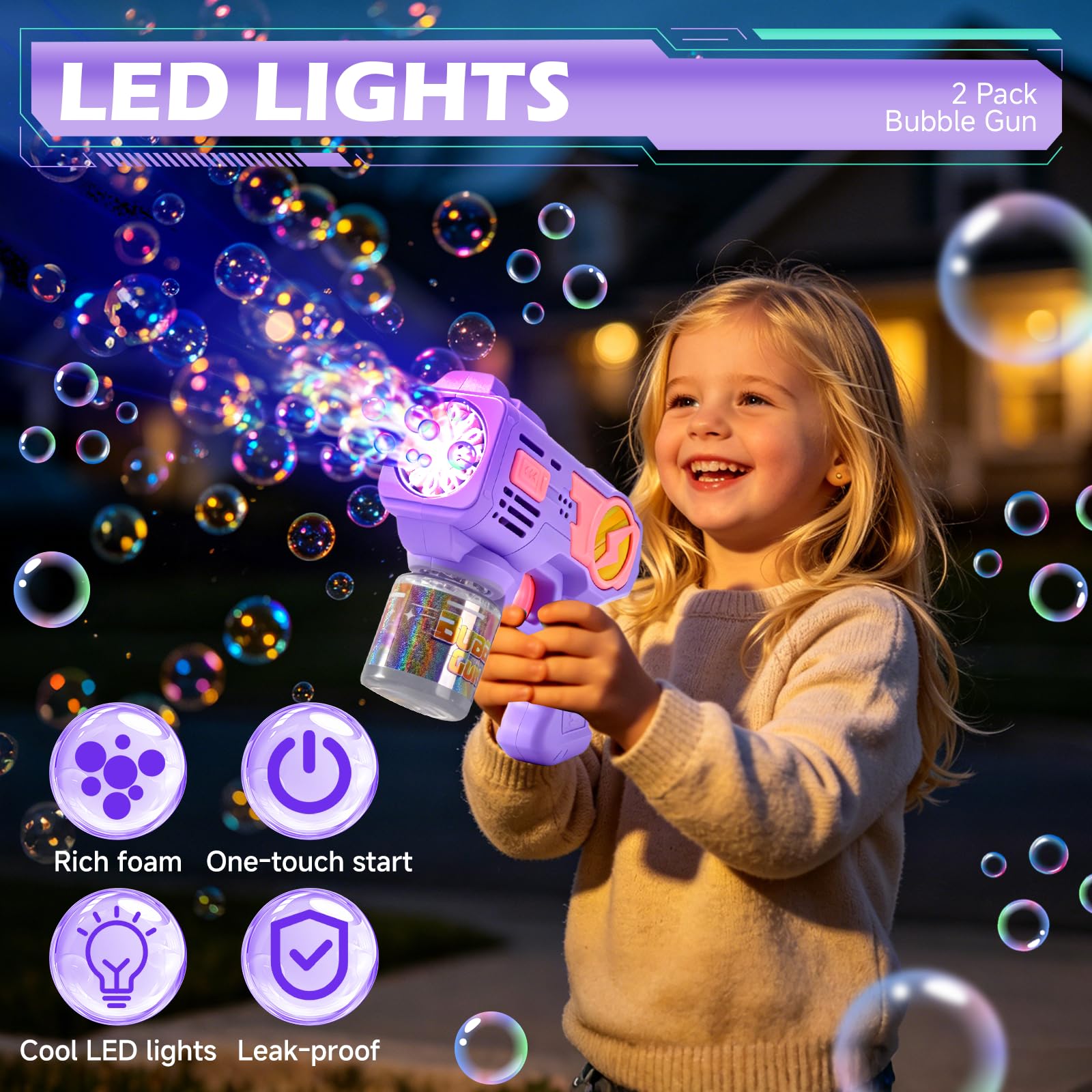 Set da 2 Pistole a Bolle per Bambini, Pistola a Bolle Automatica con Luci LED e 20 Bustine di Concentrato (10 ml), Macchina Bolle di Sapone Elettrica per Esterno, Compleanno e Feste