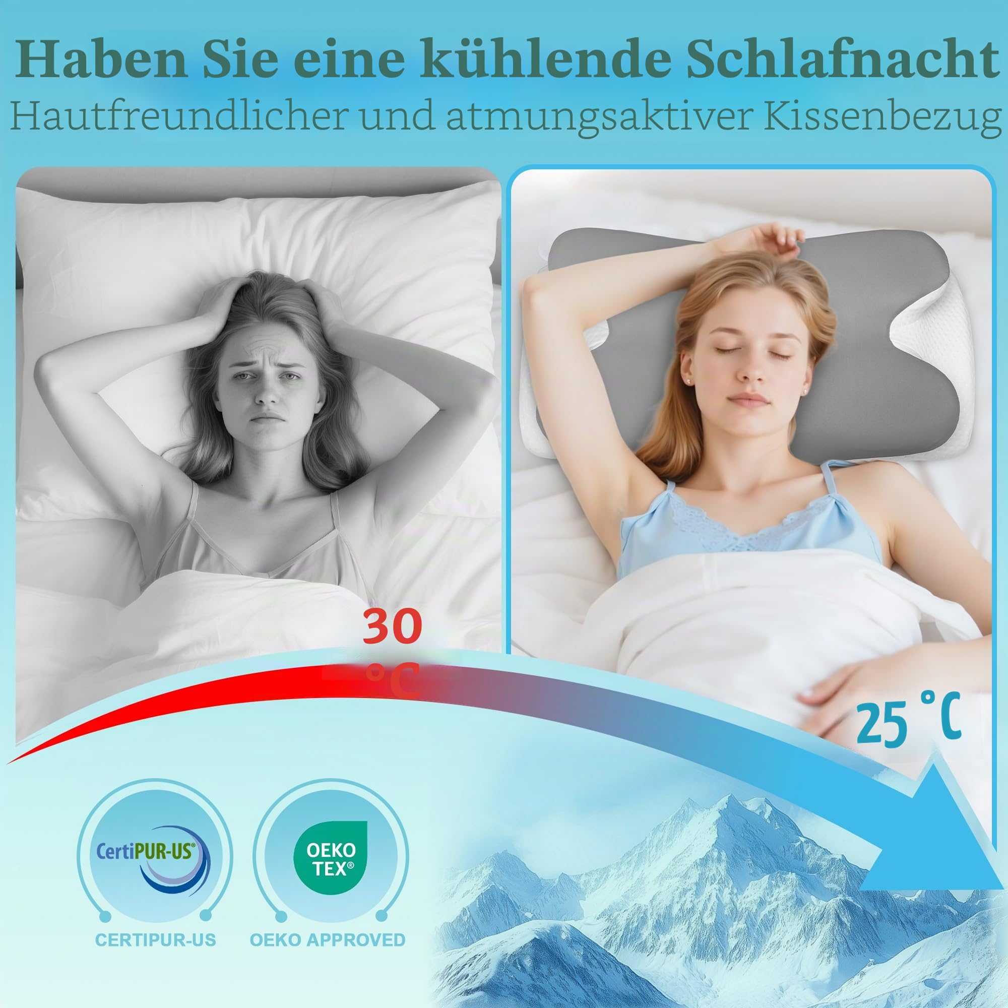 Nackenkissen Memory Foam Kissen,Ergonomisches Kopfkissen,Seitenschläferkissen,für Seiten,Rücken & Bauchschläfer(Hellgrau)
