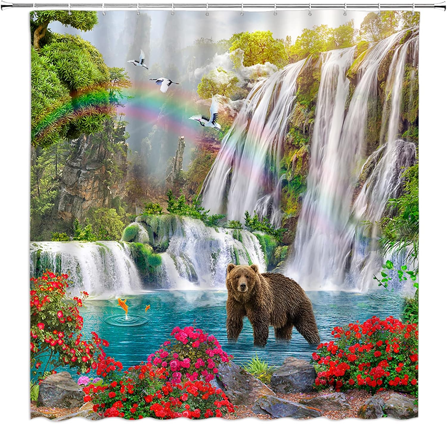 Waterfall Shower Curtain Cabin Bear Tropical Rainforest Wildlife Bear Jungle Flower Bird Plants Rainbow Nature Scenery Landscape Fabric Bathroom Decor Curtain with Hooks