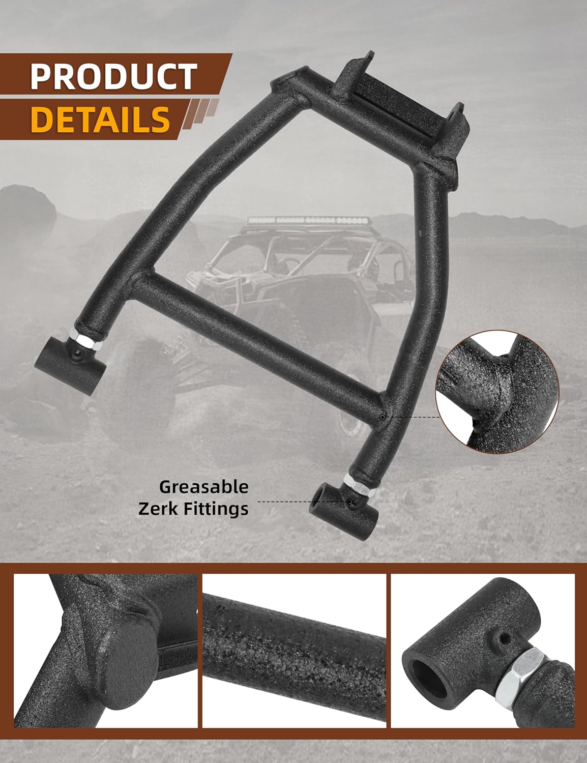 Wrinkle Black Rear Upper & Lower A-Arms for Polaris Ranger XP 900 / XP 1000 / XP 570 & Diesel –Heavy-Duty 1.25" Tubular Suspension Arms, High Clearance, Adjustable Camber, Fits 2013–2019 Ranger & Crew