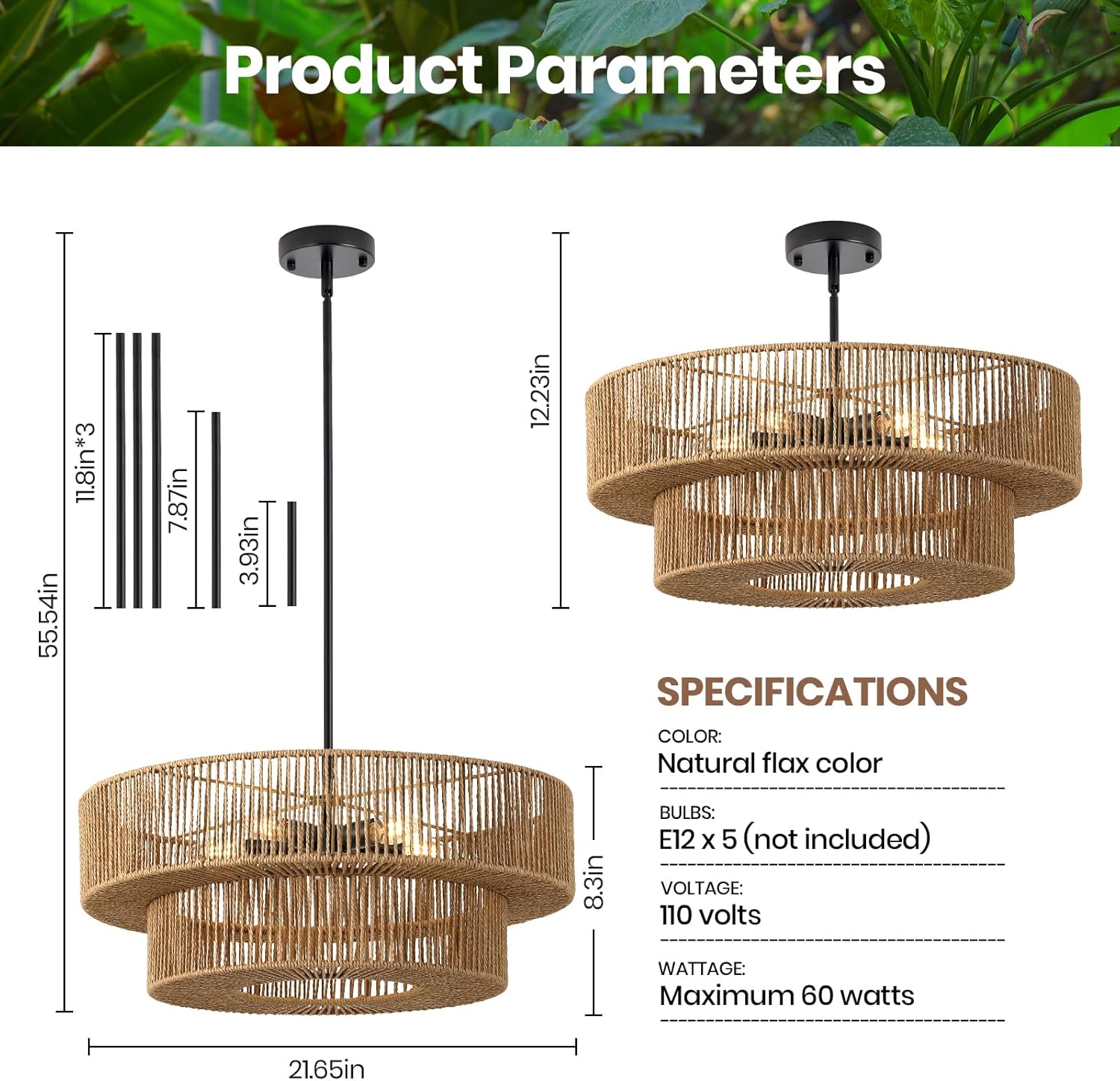 22" Large Boho Rattan Chandelier, 5-Light Hand Woven Wicker Drum Chandelier, Bohemian Rattan Pendant Light for Dining Room, Kitchen Island, Living Room Bedroom Entryway