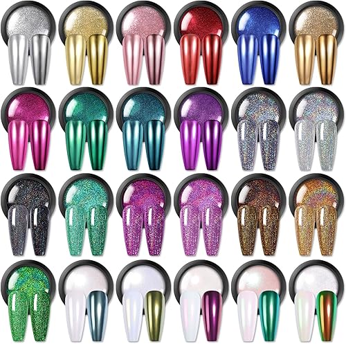 BORN PRETTY Espejo holográfico de polvo para uñas, pigmento metálico en polvo, dorado, plateado, rojo, morado, azul, verde, 24 colores, manicura,