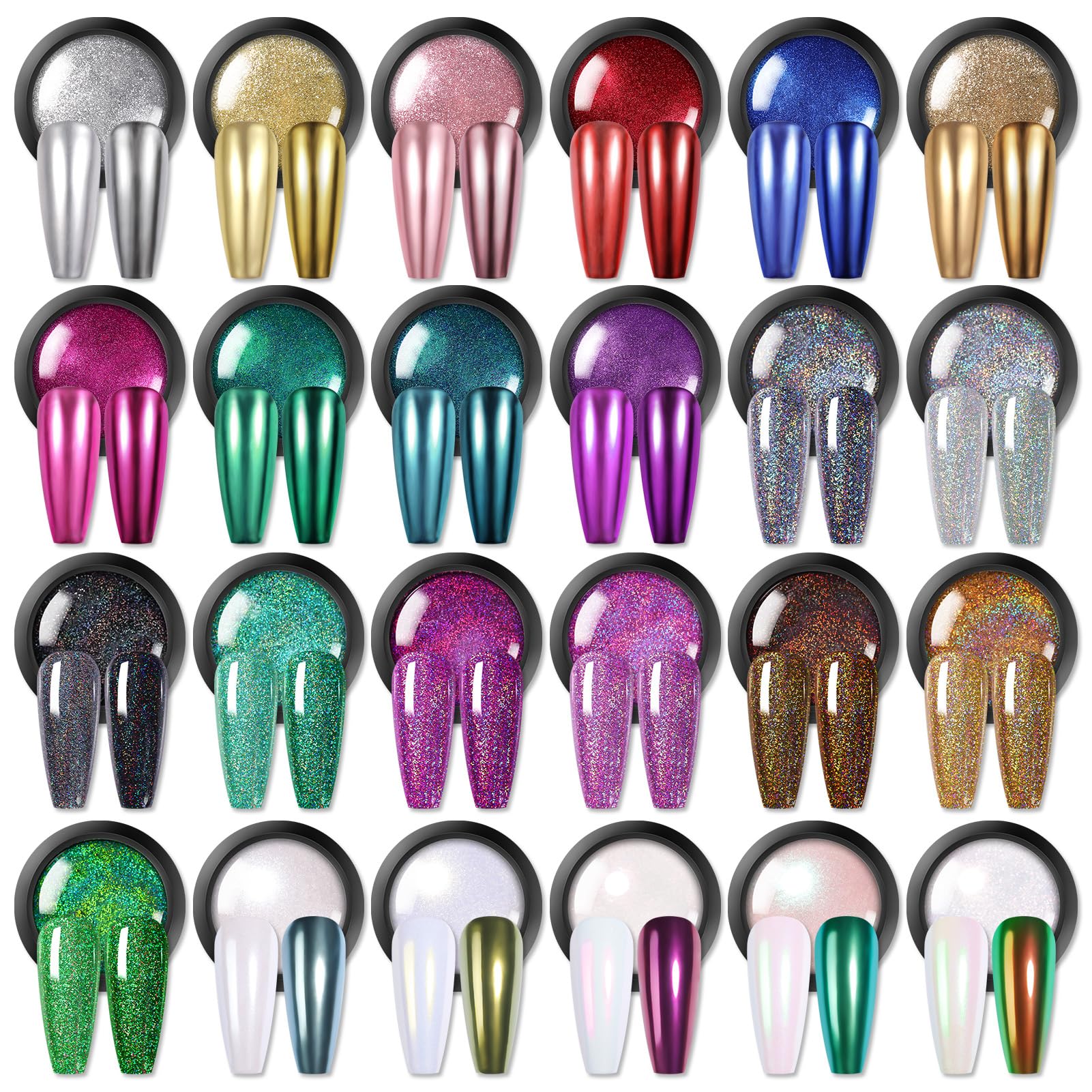 Born PrettyHolographic Nail Powder Mirror Metallic Powder Pigment Gold Silver Red Purple Blue Green 24 Colors Manicure Nail Art Decoration Sets for Christmas Gifts