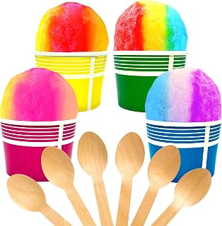 Concession Essentials Multi-Colored Snow Cone/Shaved Ice/Ice Cream Sundae Kit - Includes 40 Twelve Ounce Heavy Duty Compostable Paper Cups (10 Pink, 10 Yellow, 10 Green, 10 Blue) with 40 Ecofriendly Birchwood Spoons