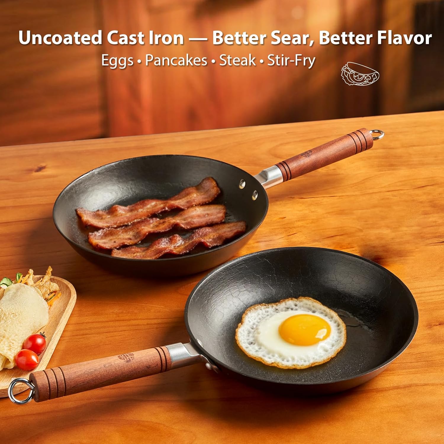 WANGYUANJI 10.2Inch Cast Iron Skillet with Lid-Handcrafted Vintage Frying Pan with Refined Tortoise Shell Texture,Flat Bottom Omelet Pan for Induction,Gas & Electric (Requires Seasoning)