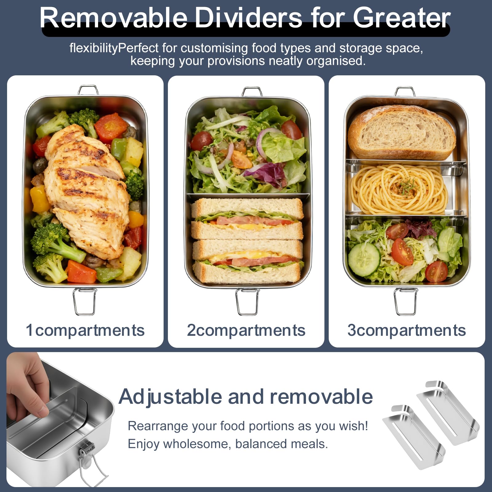 Lot de 2 grandes boîtes à déjeuner Bento en acier inoxydable avec couverts, 1400 ml avec compartiment amovible, portable, étanche, pour adultes, enfants, école, maison, bureau