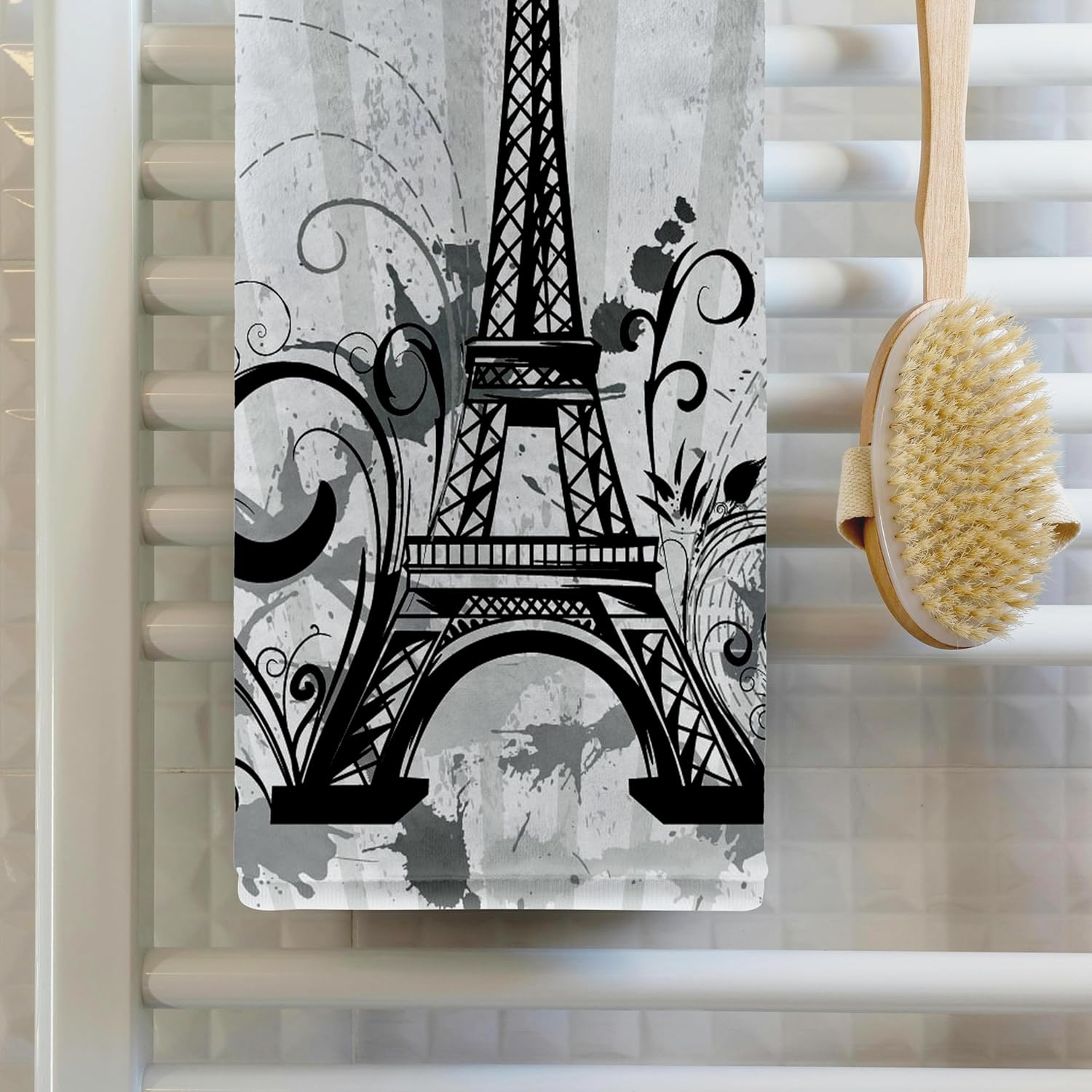 3dRose Black and Steel Blue Eiffel Tower with Flourishes and Butterflies 22x30 Bath Hand Pool Towel