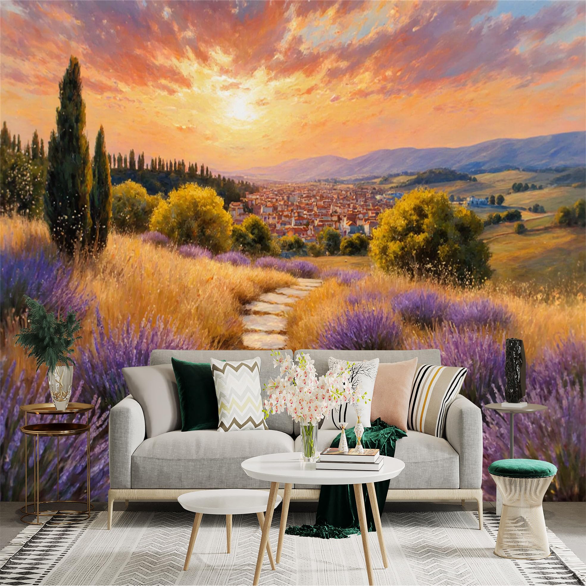 Custom Size Wall Sticker Mural， Sunset Over Mediterranean Village， Floral Path with Violet Shrubs， Golden Fields， Rural Landscape Scenery， for wall Decoration， peelandstick wall Decals.