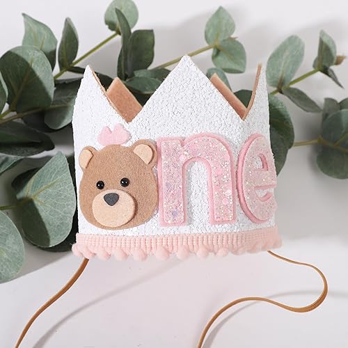 Miniatura 4 de Corona de oso de peluche de primer cumpleaños para niñas, sombrero de oso pequeño, decoración de una campista feliz